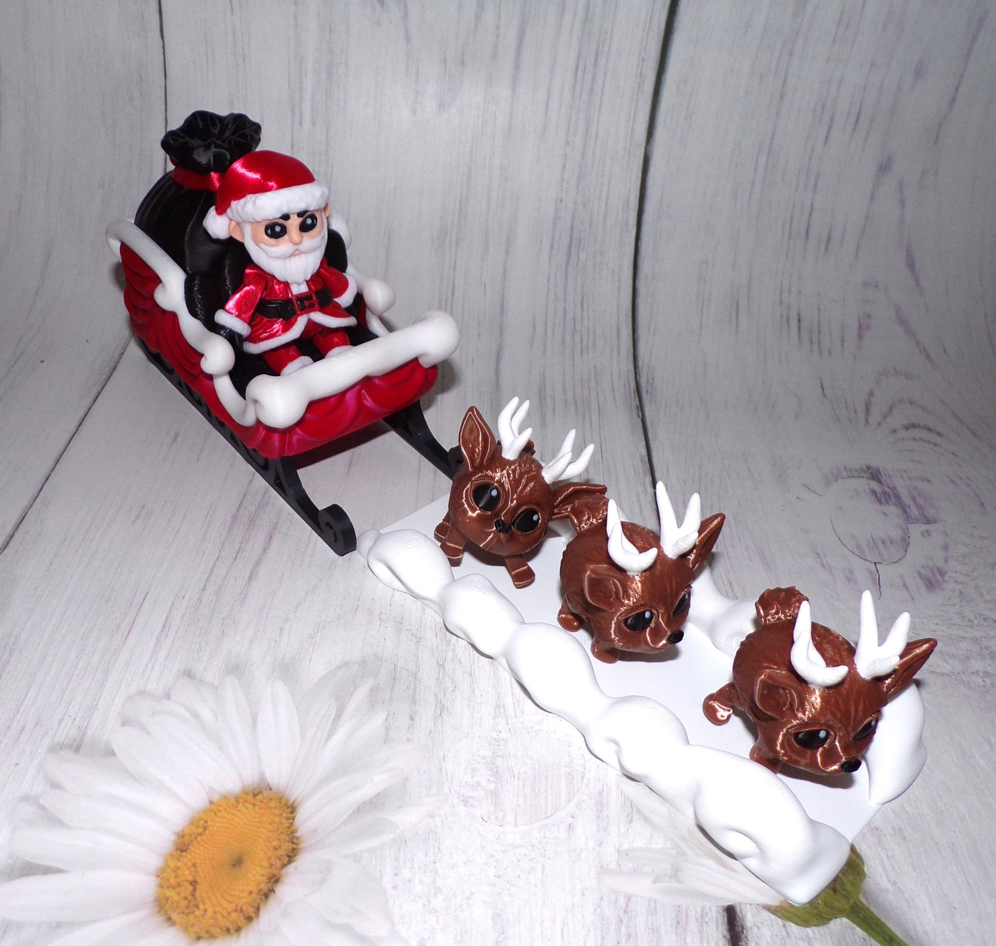 Santa, Sleigh, Snow, and 3 Reindeer Puffling Scene or Sold Separately 3d Printed - Wonderland 3D Printing