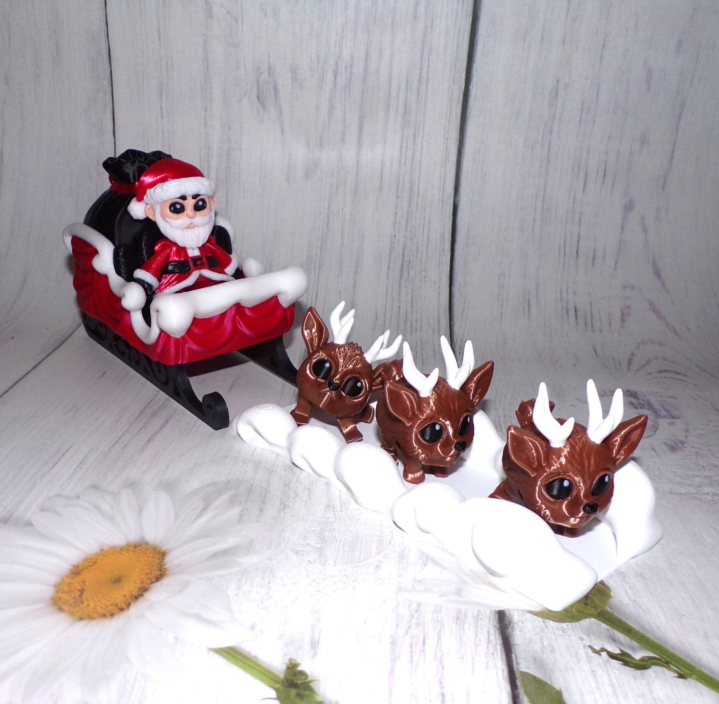 Santa, Sleigh, Snow, and 3 Reindeer Puffling Scene or Sold Separately 3d Printed - Wonderland 3D Printing