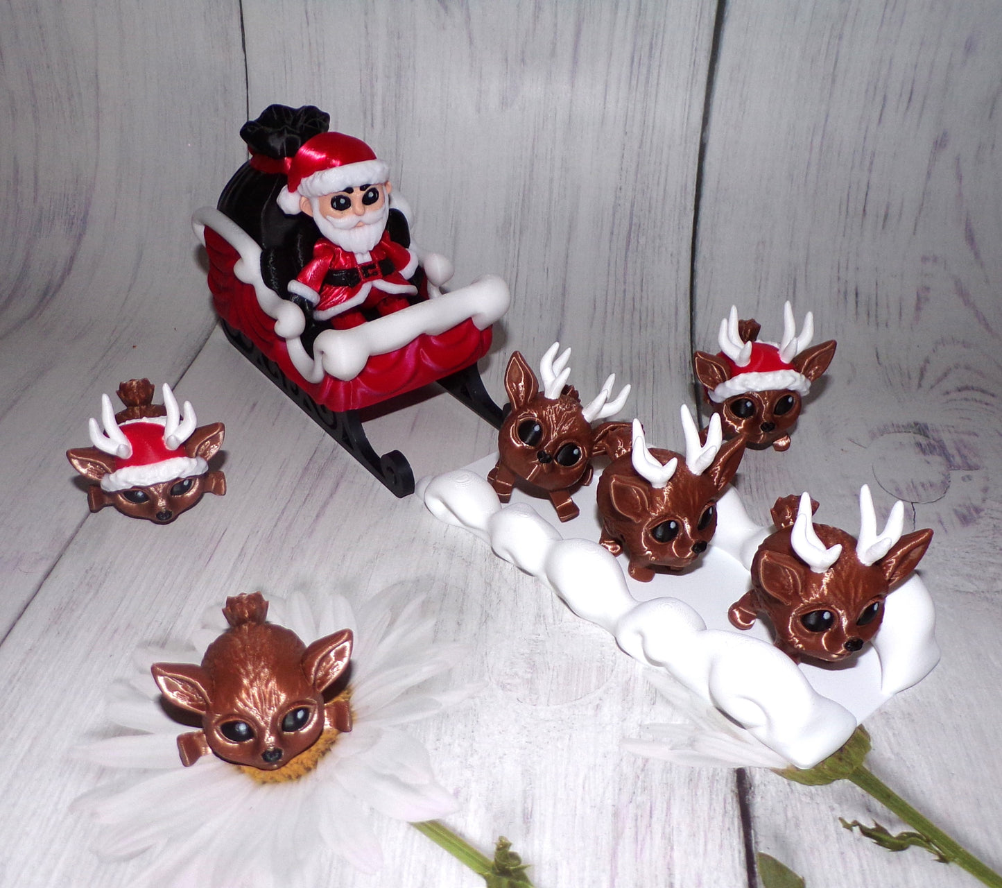 Santa, Sleigh, Snow, and 3 Reindeer Puffling Scene or Sold Separately 3d Printed - Wonderland 3D Printing