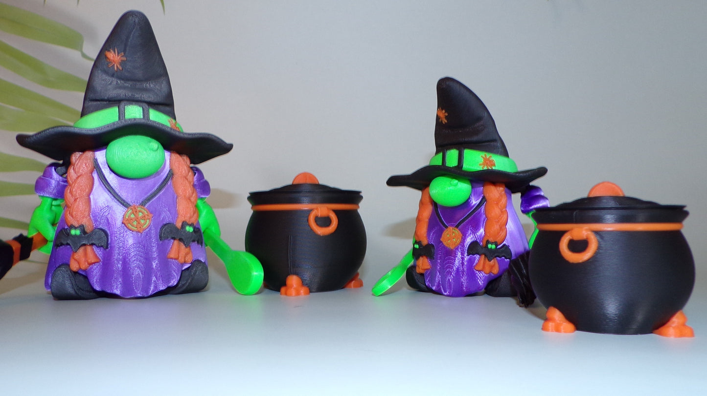 Witch 3D Printed Articulated Figurine comes with pot, spoon and broom - Wonderland 3D Printing