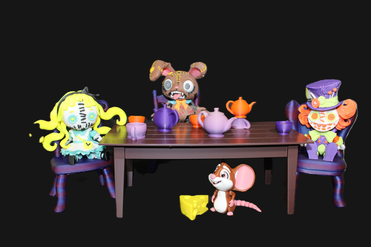 Wonderland Tea Party Fidget Toy Set: Alice, Hatter, March Hare, Door Mouse Includes table and Accessories- 3D Printed