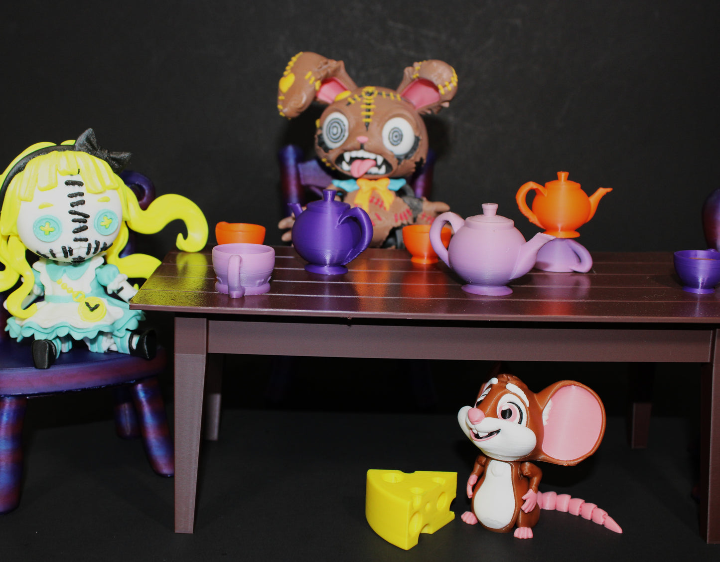 Wonderland Tea Party Fidget Toy Set: Alice, Hatter, March Hare, Door Mouse Includes table and Accessories- 3D Printed