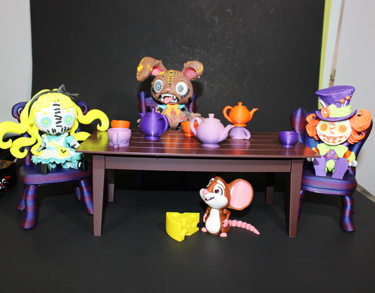 Wonderland Tea Party Fidget Toy Set: Alice, Hatter, March Hare, Door Mouse Includes table and Accessories- 3D Printed