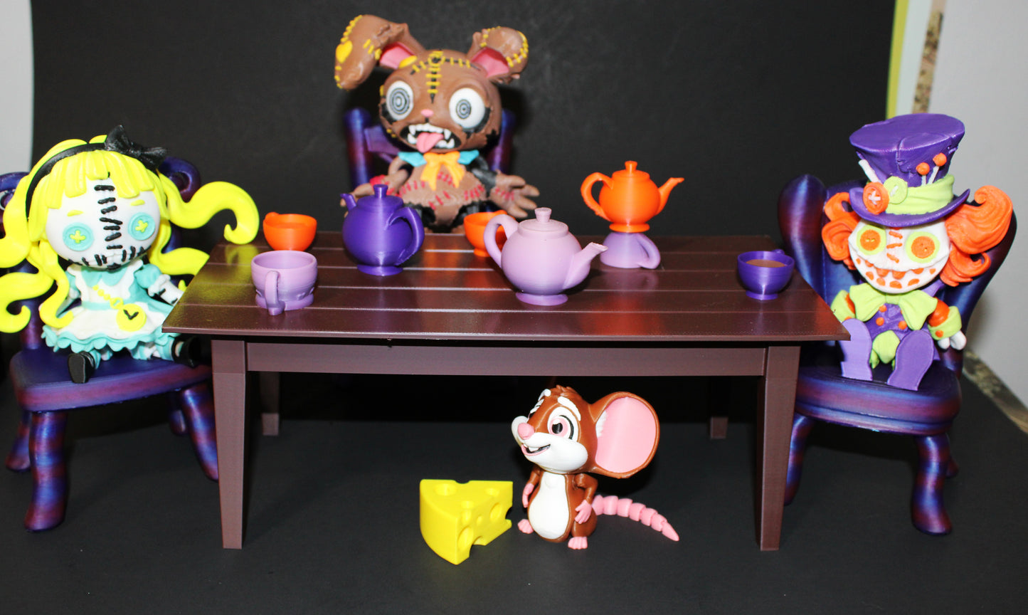 Wonderland Tea Party Fidget Toy Set: Alice, Hatter, March Hare, Door Mouse Includes table and Accessories- 3D Printed
