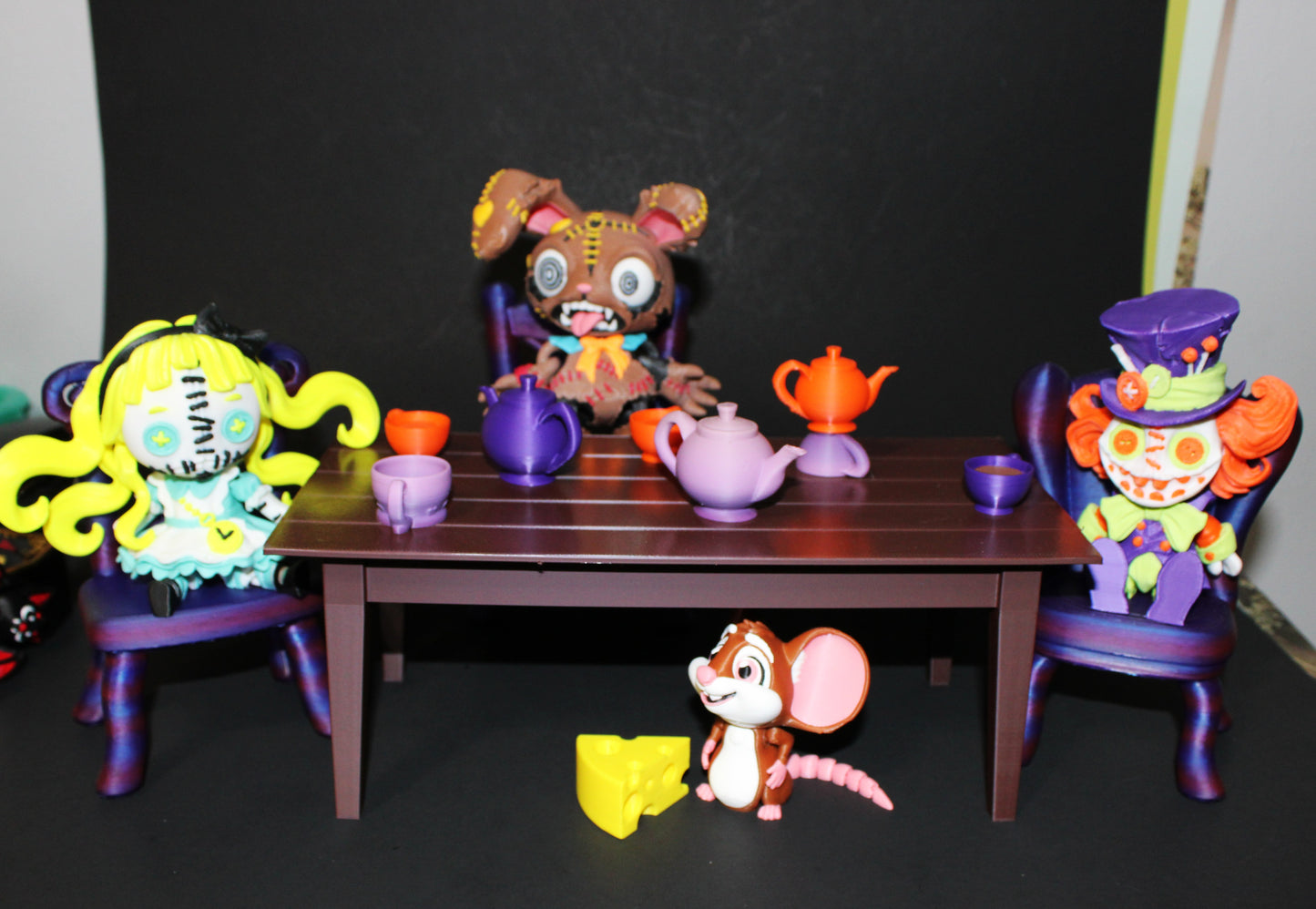 Wonderland Tea Party Fidget Toy Set: Alice, Hatter, March Hare, Door Mouse Includes table and Accessories- 3D Printed