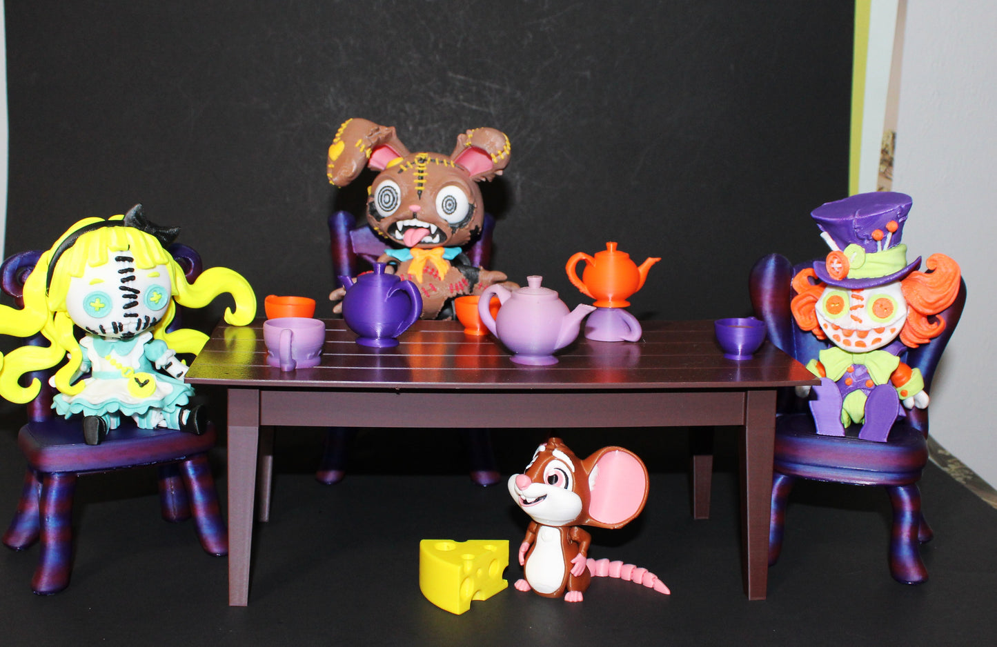 Wonderland Tea Party Fidget Toy Set: Alice, Hatter, March Hare, Door Mouse Includes table and Accessories- 3D Printed