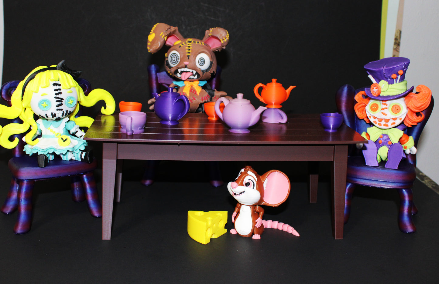 Wonderland Tea Party Fidget Toy Set: Alice, Hatter, March Hare, Door Mouse Includes table and Accessories- 3D Printed