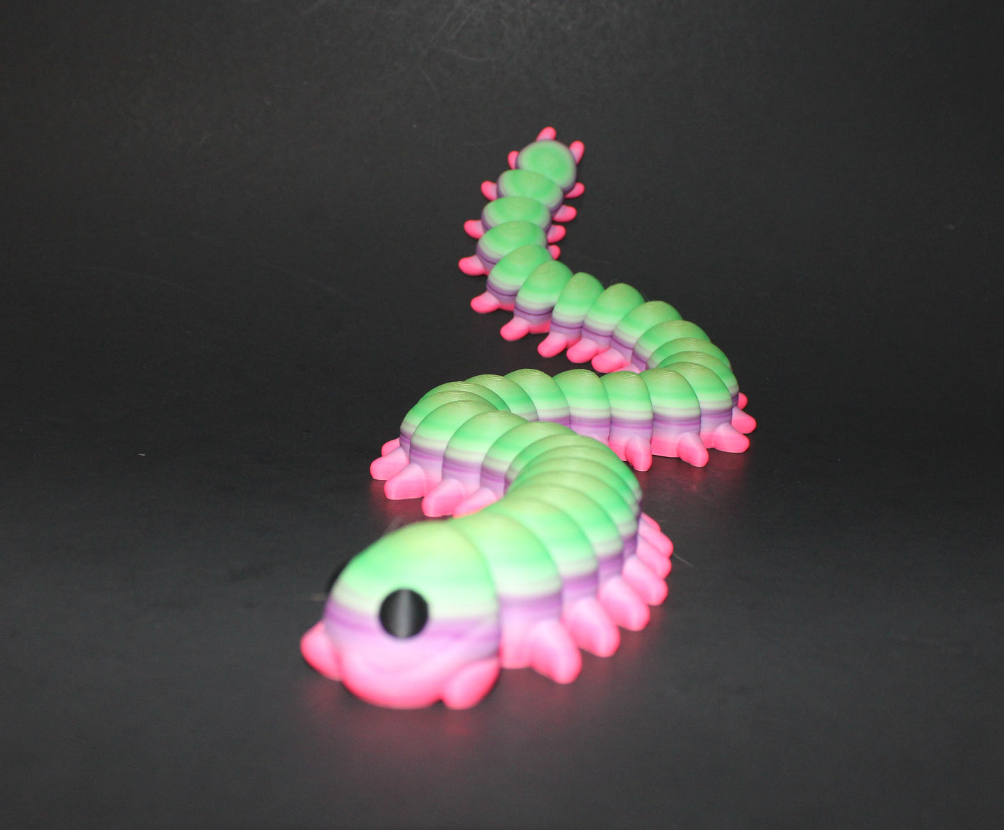A 3D-printed centipede, measuring 18.5 inches in length, with each piece showcasing a one-of-a-kind rainbow pattern!