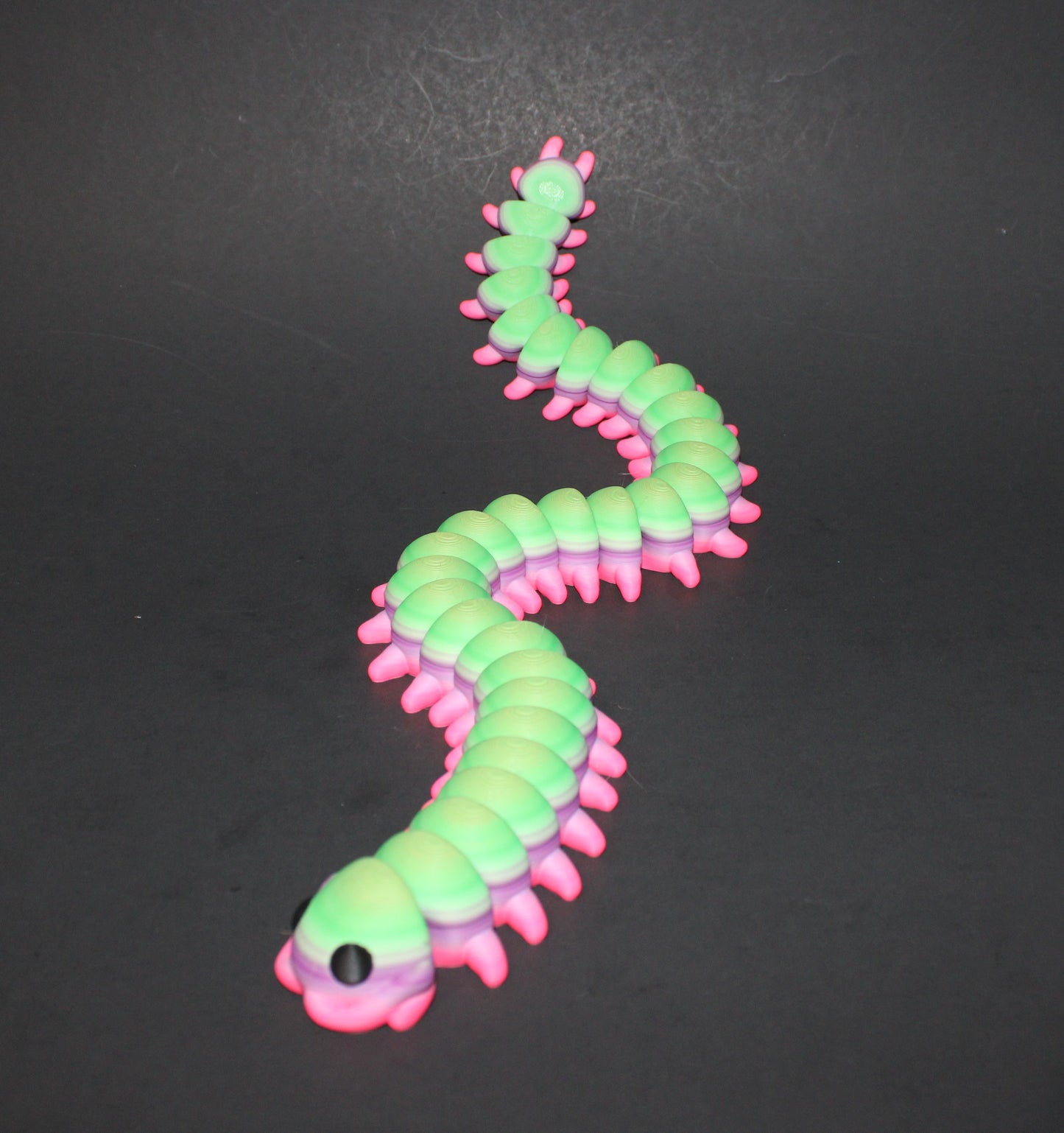 A 3D-printed centipede, measuring 18.5 inches in length, with each piece showcasing a one-of-a-kind rainbow pattern!