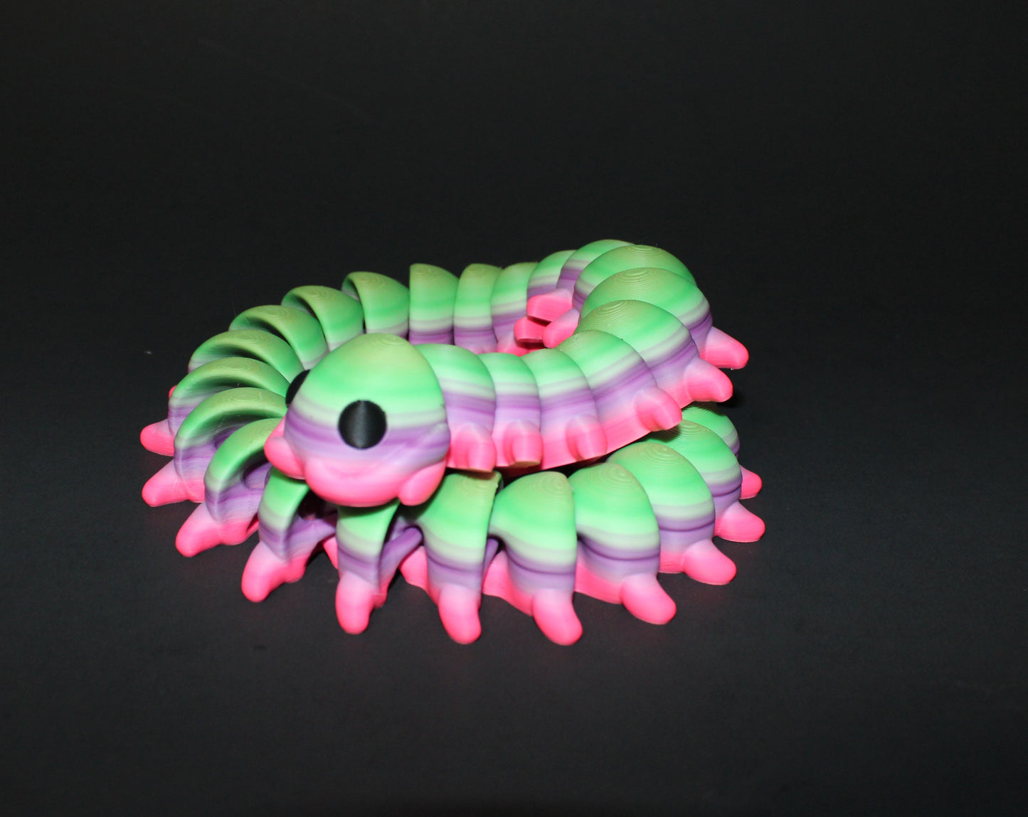 A 3D-printed centipede, measuring 18.5 inches in length, with each piece showcasing a one-of-a-kind rainbow pattern!