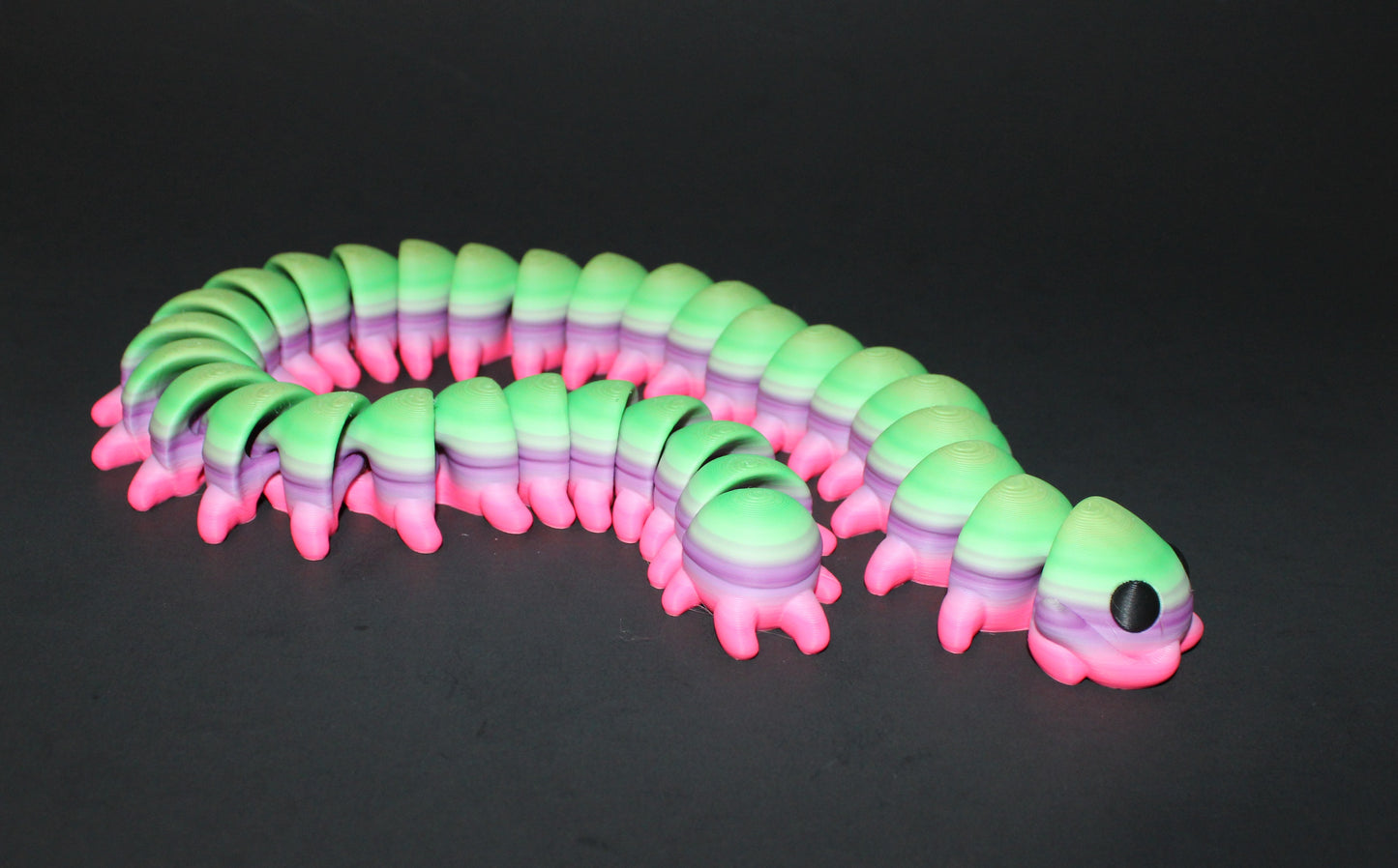 A 3D-printed centipede, measuring 18.5 inches in length, with each piece showcasing a one-of-a-kind rainbow pattern!