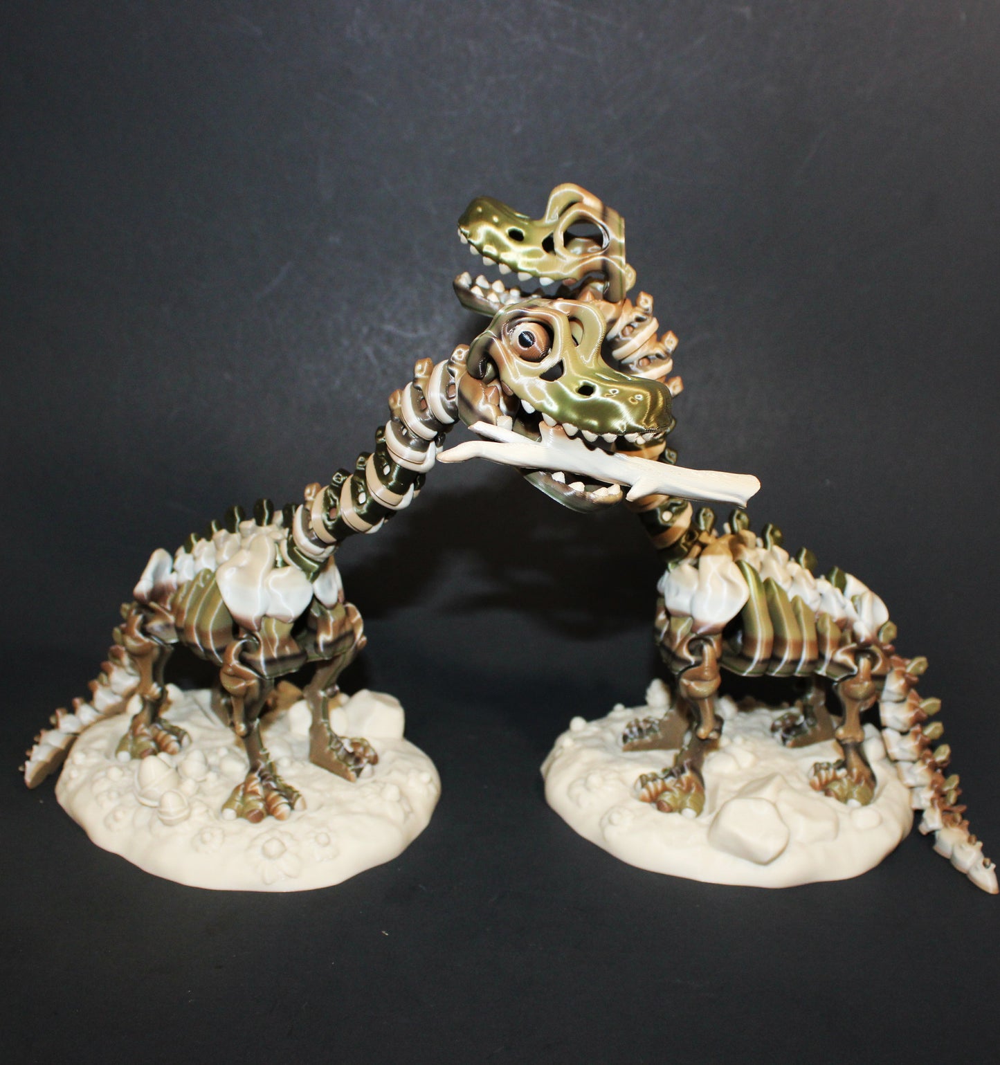 A 3D-printed articulated Brachiosaurs skeleton includes a stand and branch. 7.5" Tall