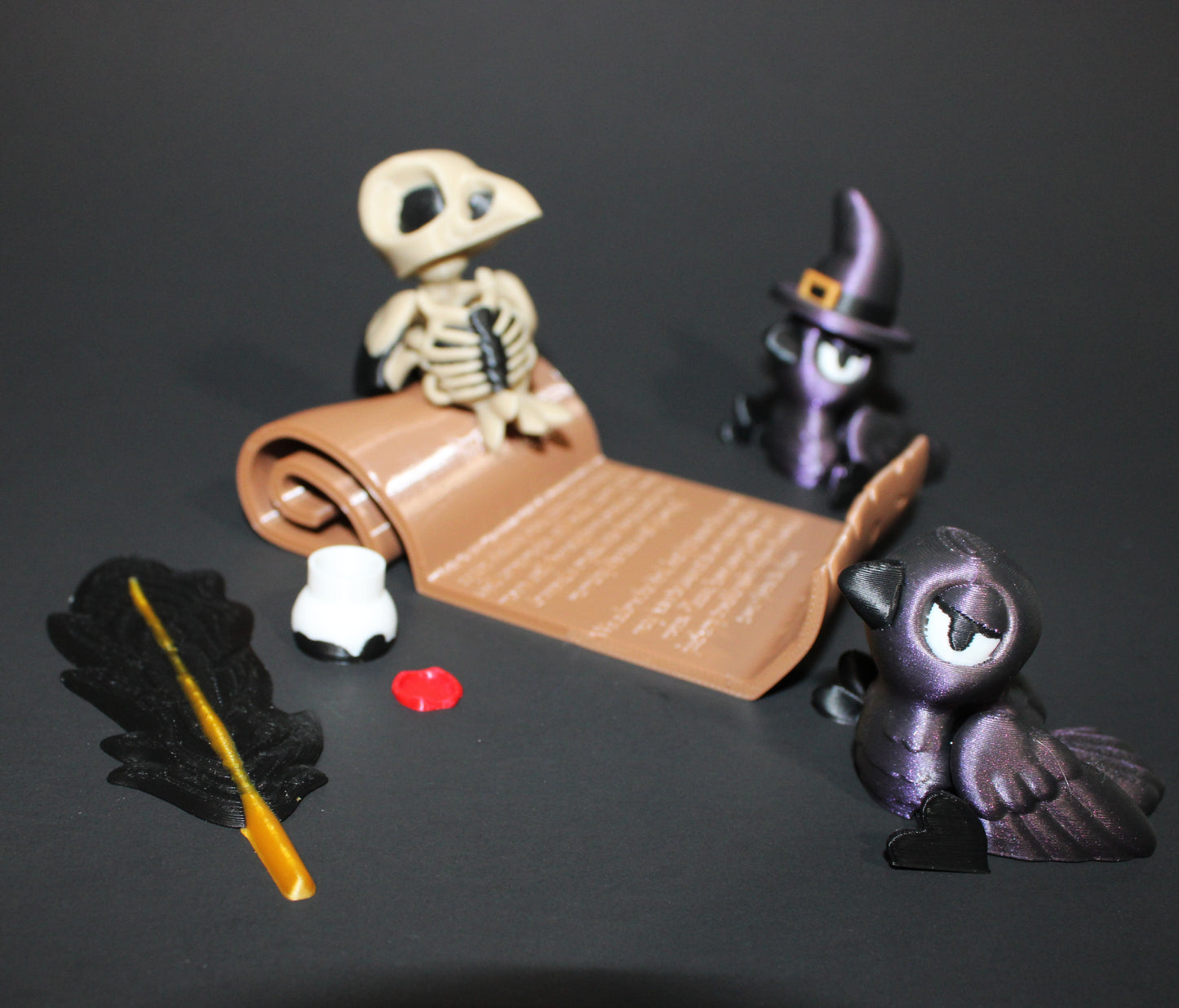 Crow Familiar, Bone Crow with Crow Scroll Display- Articulated 3D Printed Flexi Fidget Toy