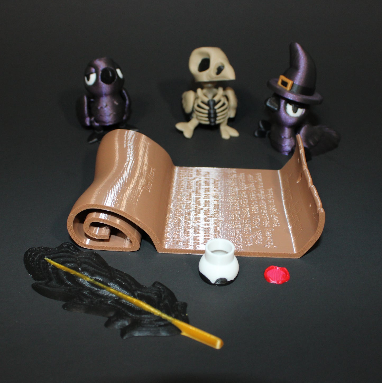Crow Familiar, Bone Crow with Crow Scroll Display- Articulated 3D Printed Flexi Fidget Toy