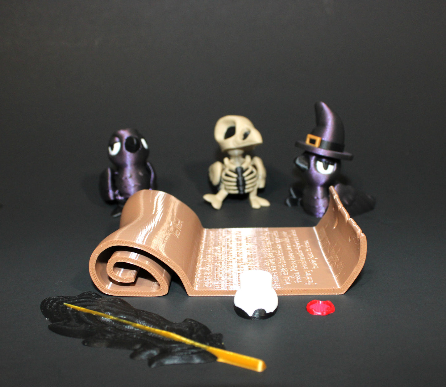 Crow Familiar, Bone Crow with Crow Scroll Display- Articulated 3D Printed Flexi Fidget Toy
