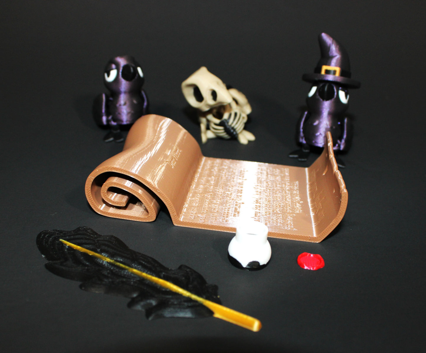 Crow Familiar, Bone Crow with Crow Scroll Display- Articulated 3D Printed Flexi Fidget Toy