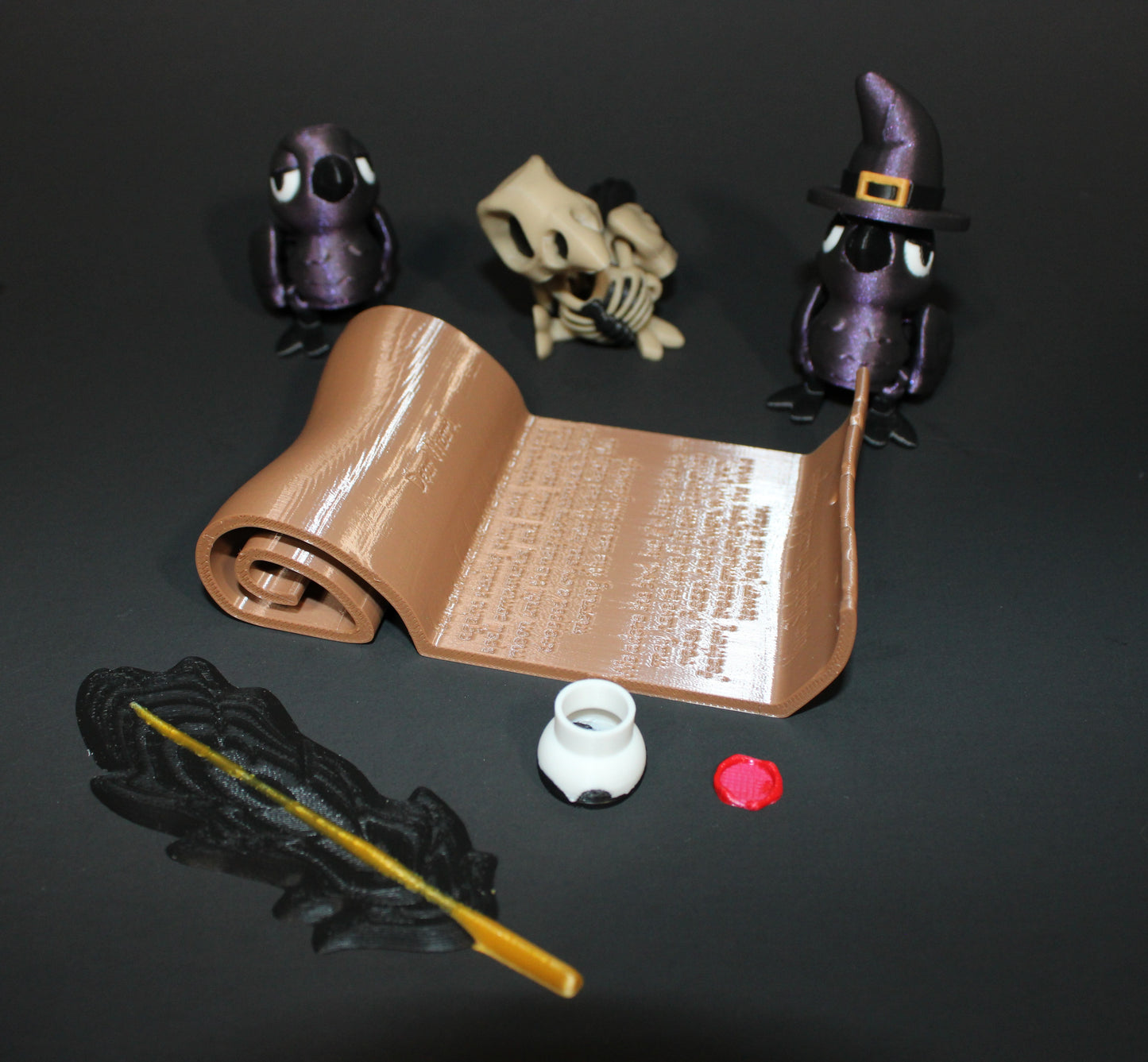 Crow Familiar, Bone Crow with Crow Scroll Display- Articulated 3D Printed Flexi Fidget Toy