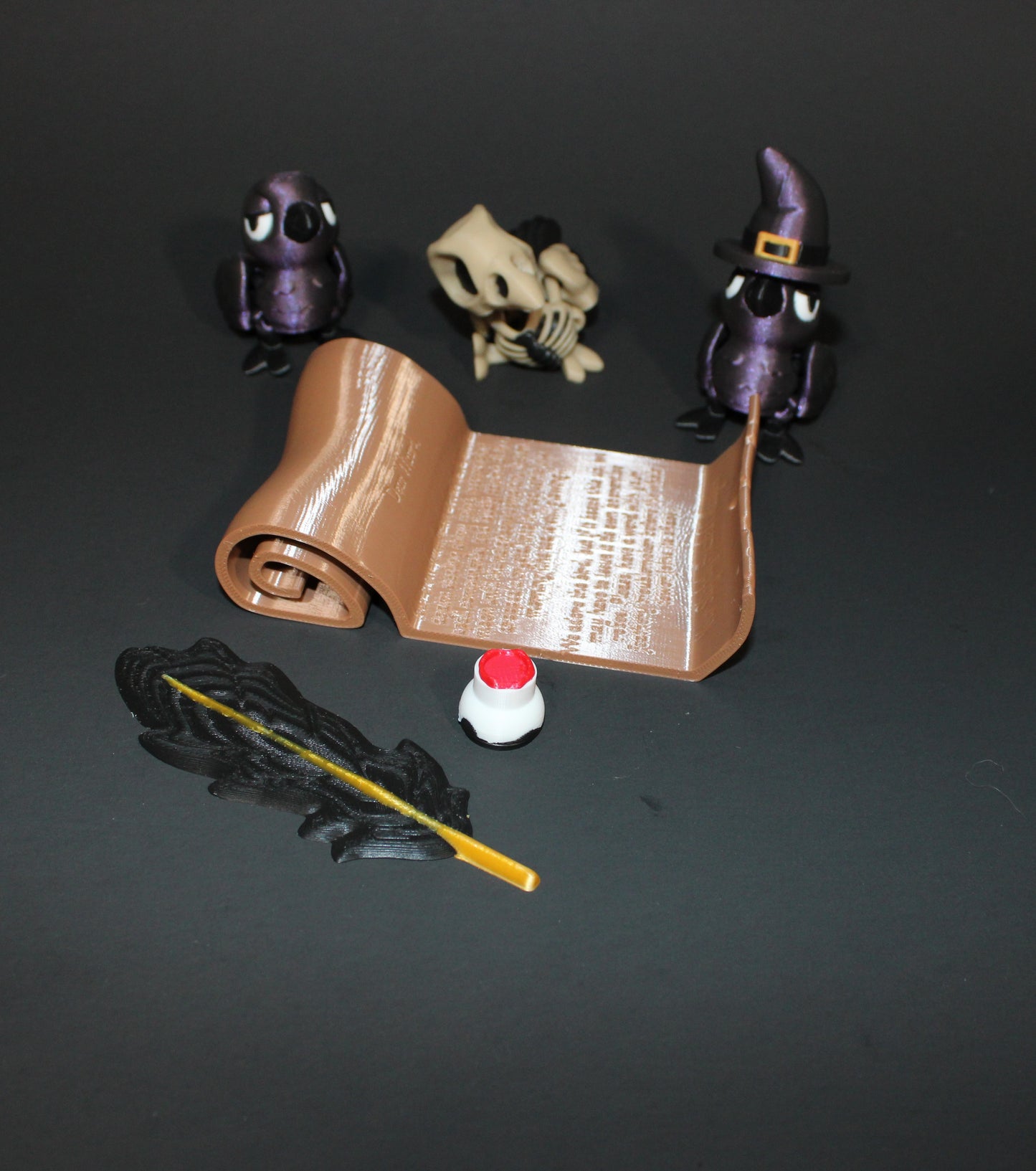 Crow Familiar, Bone Crow with Crow Scroll Display- Articulated 3D Printed Flexi Fidget Toy