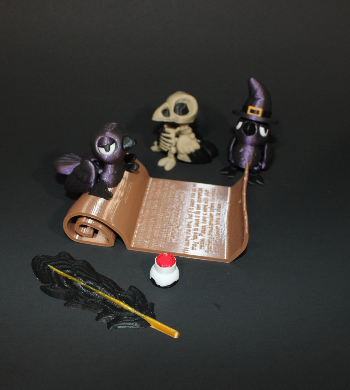 Crow Familiar, Bone Crow with Crow Scroll Display- Articulated 3D Printed Flexi Fidget Toy