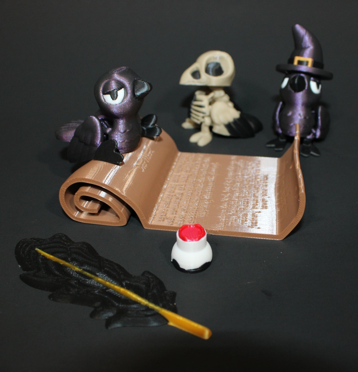 Crow Familiar, Bone Crow with Crow Scroll Display- Articulated 3D Printed Flexi Fidget Toy