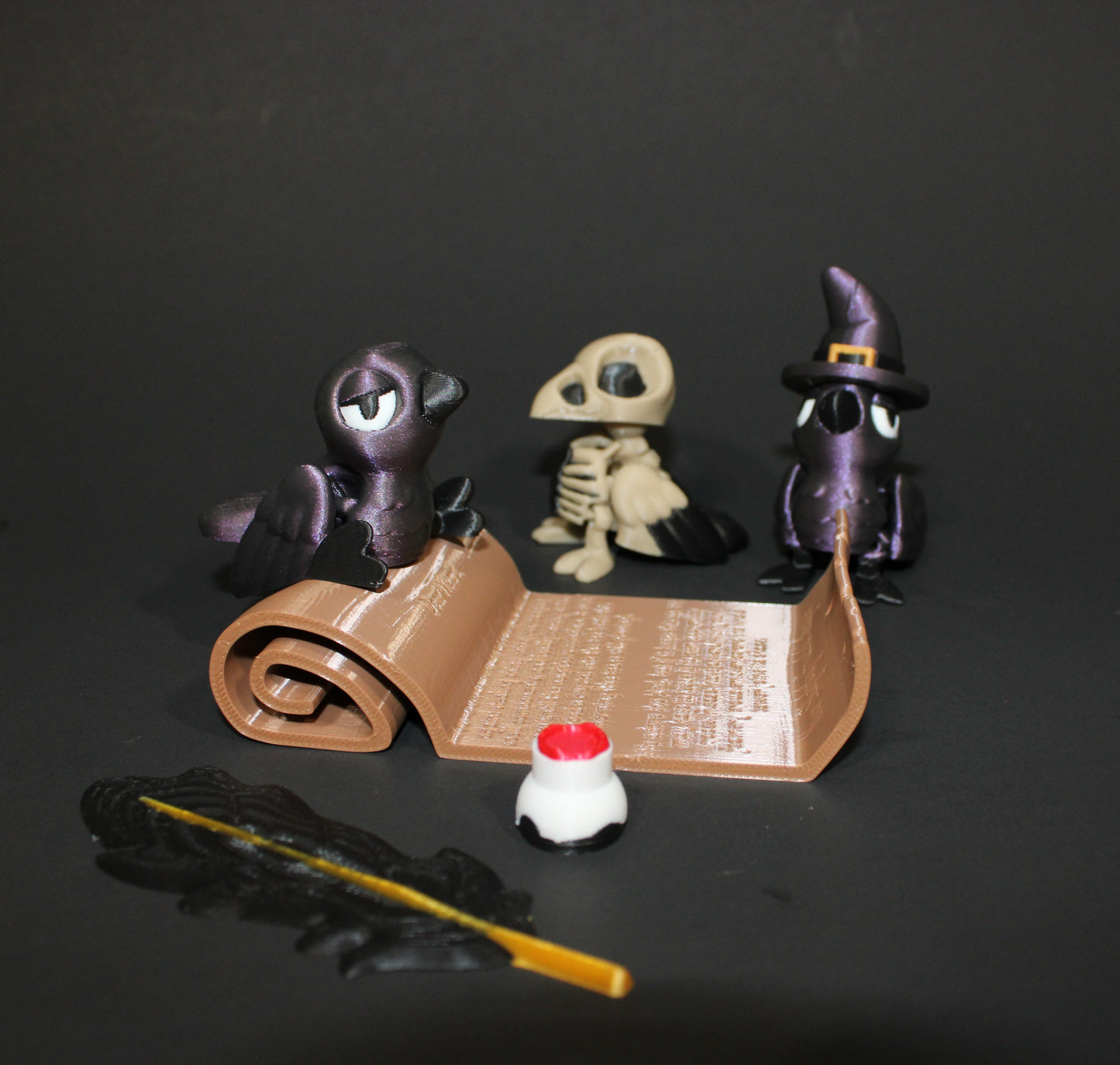 Crow Familiar, Bone Crow with Crow Scroll Display- Articulated 3D Printed Flexi Fidget Toy