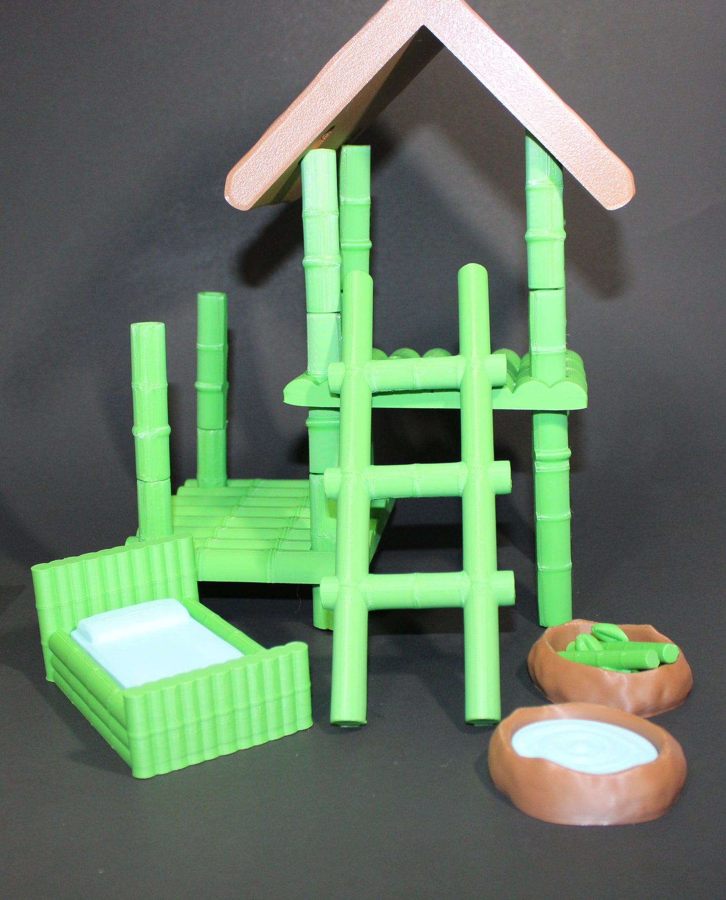 3D Printed Panda Play Set: Regular Set Includes Bamboo House, Bed, Feeding Bowls, Bamboo shoots, 1 Panda-Please read the description.
