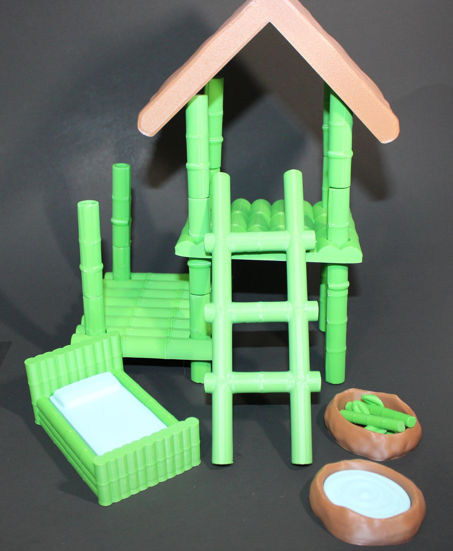 3D Printed Panda Play Set: Regular Set Includes Bamboo House, Bed, Feeding Bowls, Bamboo shoots, 1 Panda-Please read the description.