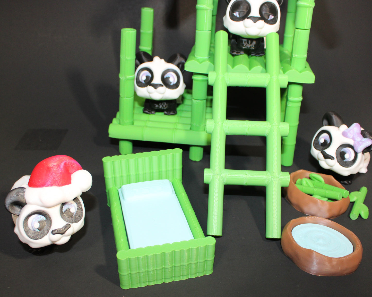 3D Printed Panda Play Set: Regular Set Includes Bamboo House, Bed, Feeding Bowls, Bamboo shoots, 1 Panda-Please read the description.
