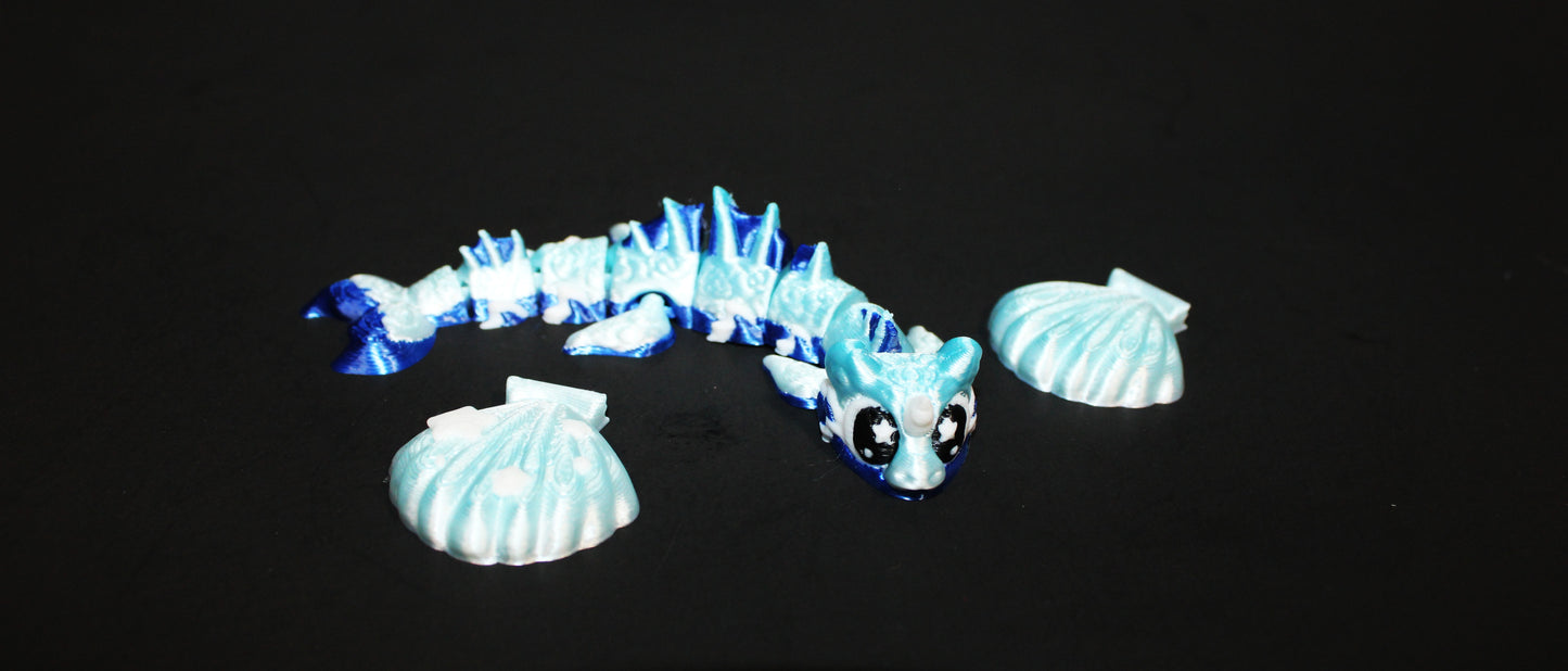 3D Printed Flexi Water Dragon with seashells- Mini 4"
