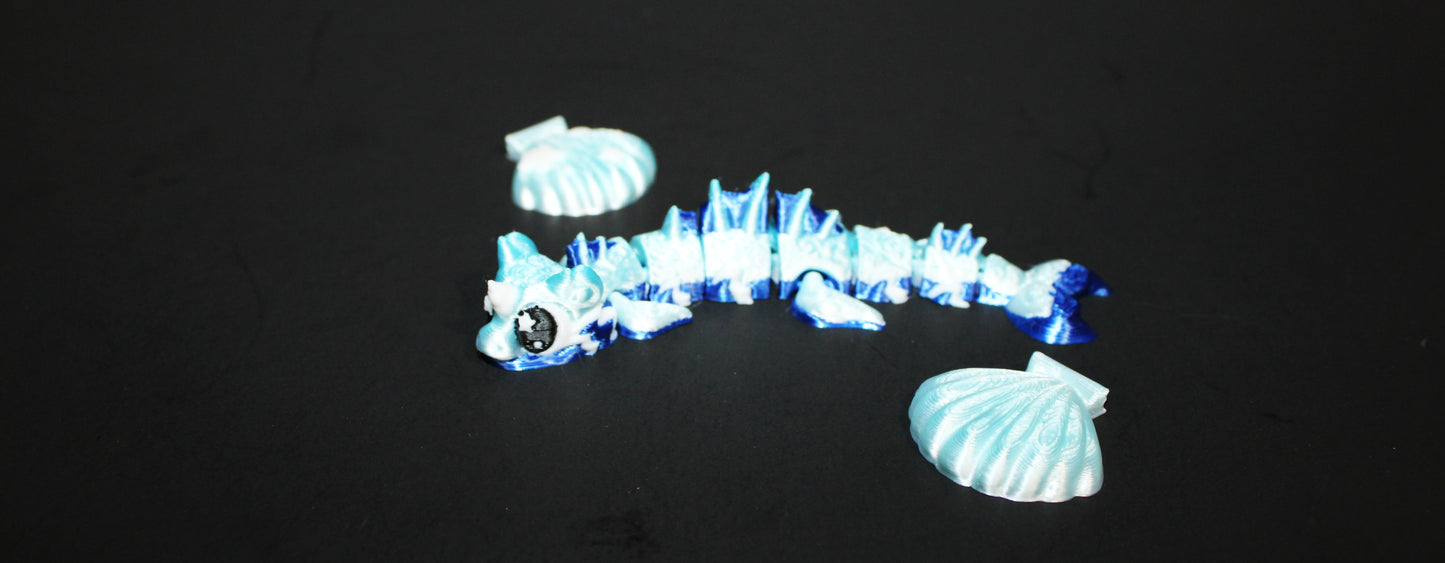 3D Printed Flexi Water Dragon with seashells- Mini 4"