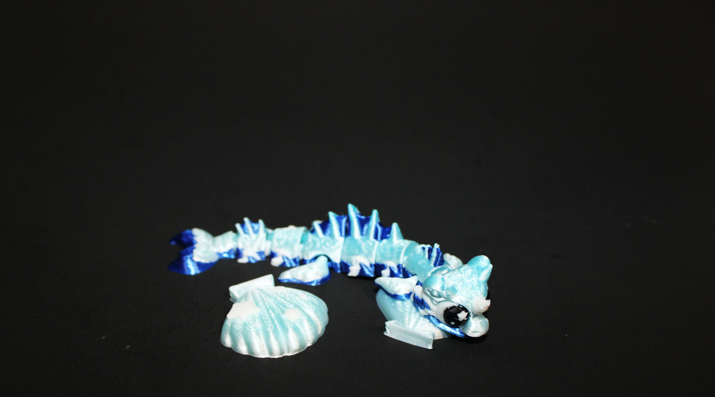 3D Printed Flexi Water Dragon with seashells- Mini 4"