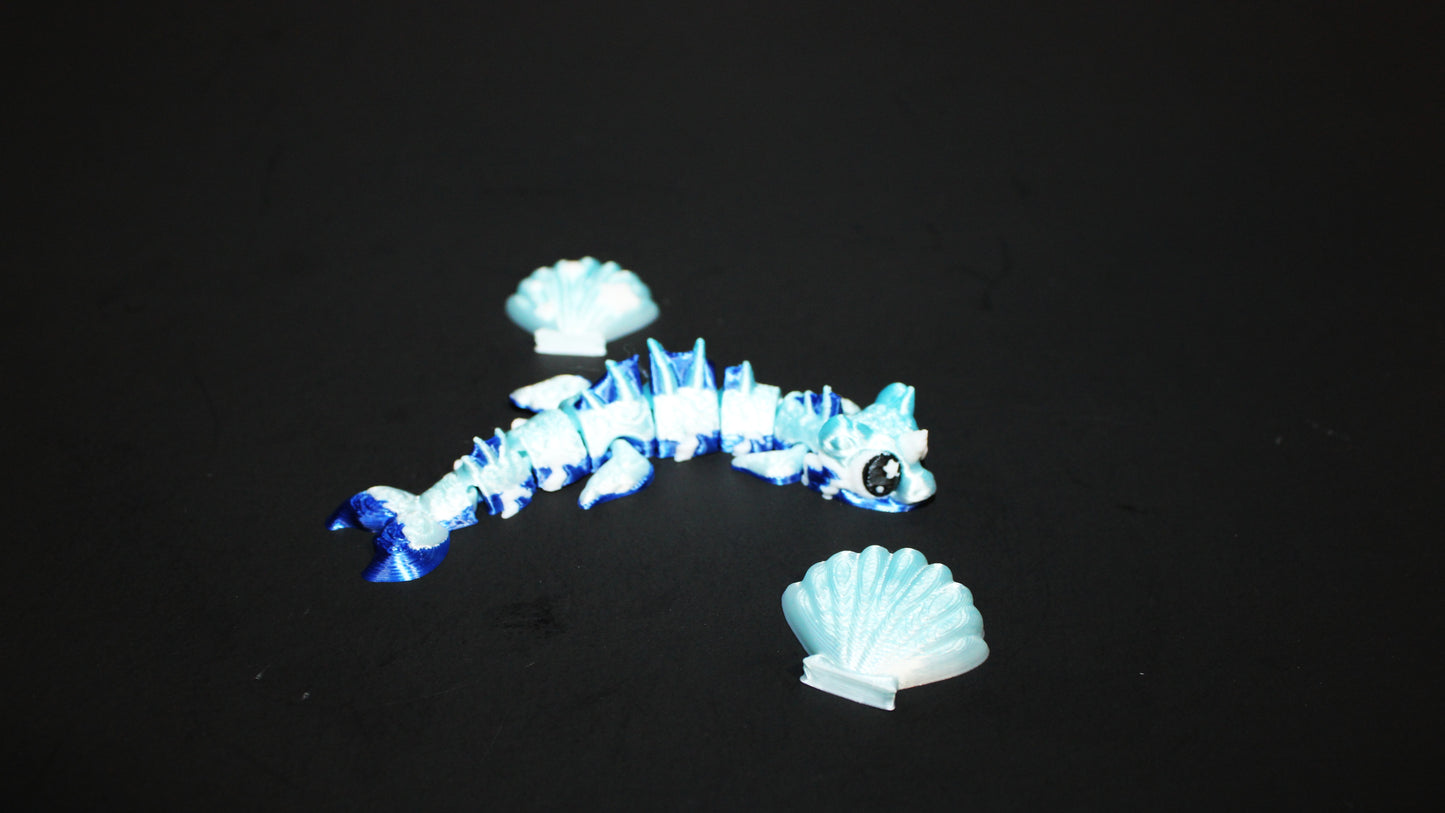 3D Printed Flexi Water Dragon with seashells- Mini 4"