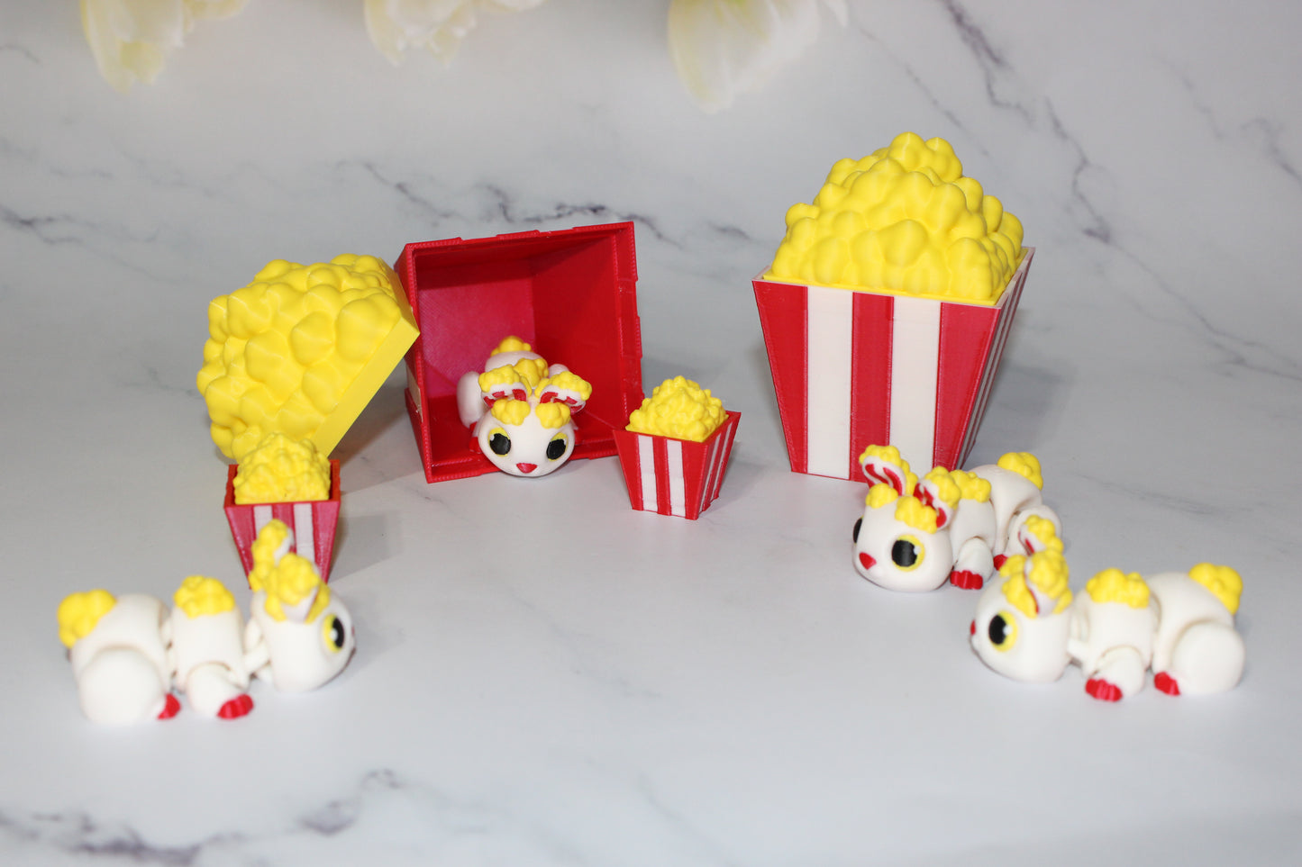 Hopcorn Bunny with Popcorn Container Options Articulated 3d Printed Figurine