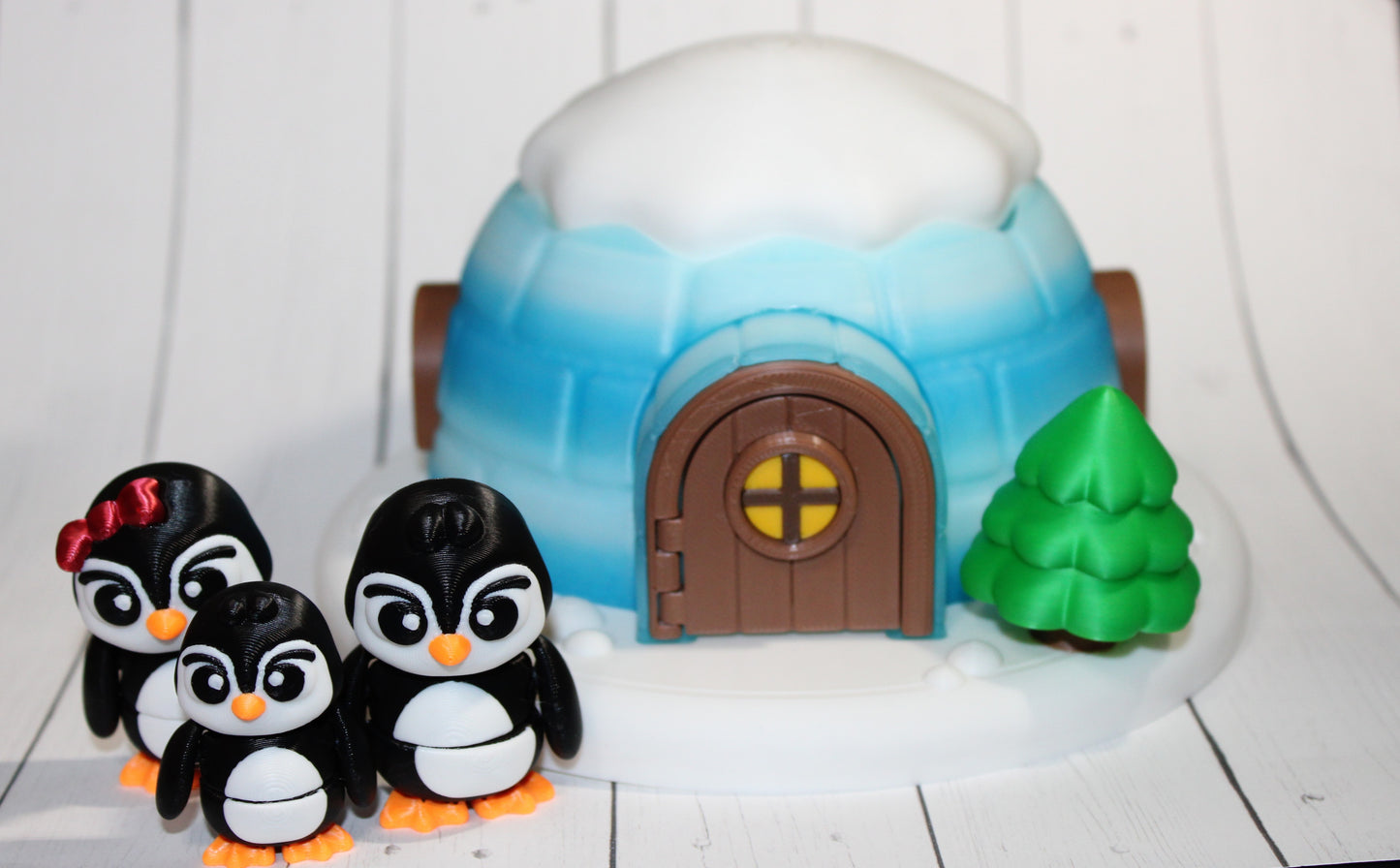 3D Printed Articulated Penguins (Set of 3) -with Igloo House