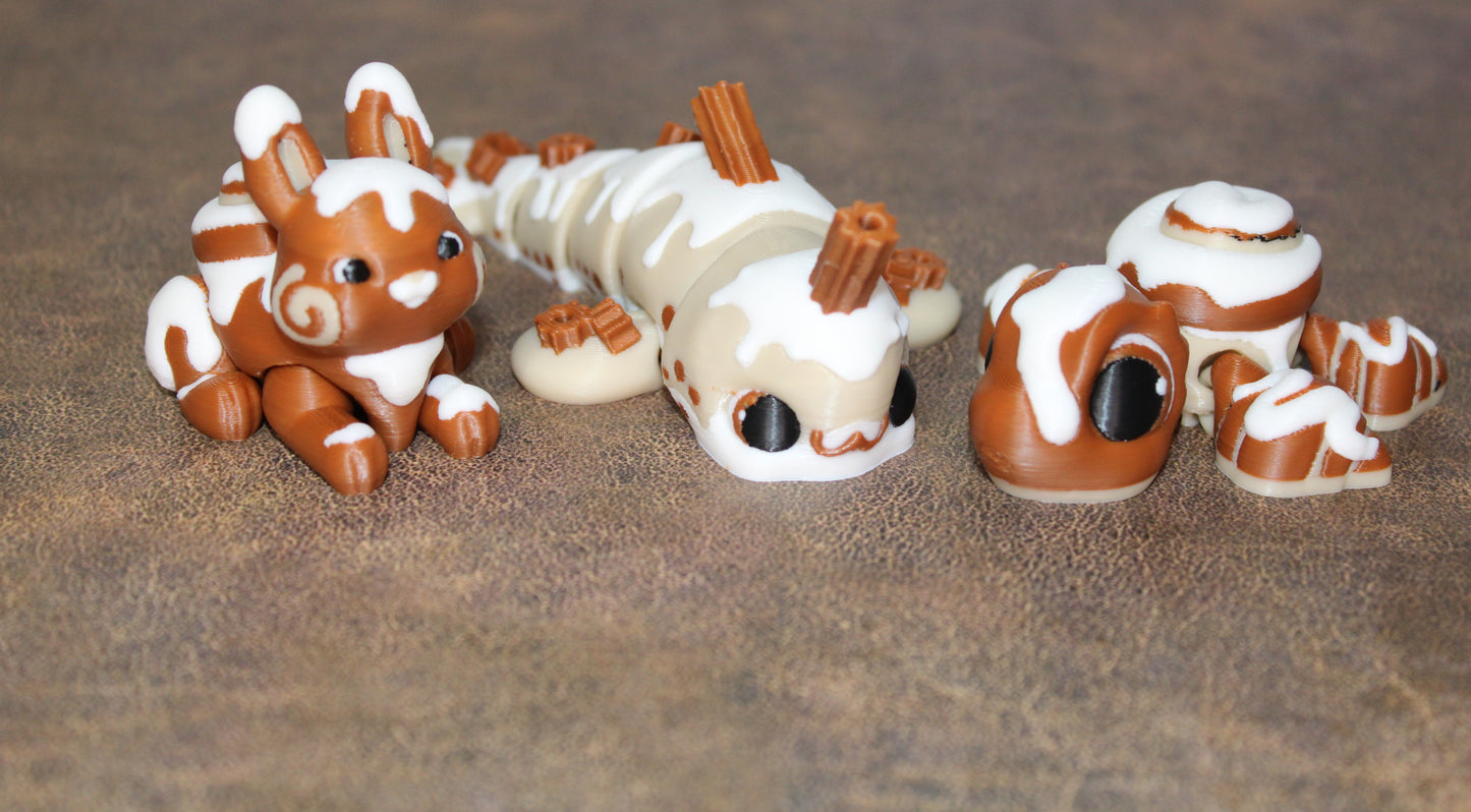 Cinnamon Bun Turtle or Bunny and Churro Narwhal 3D Printed Articulated Figurine