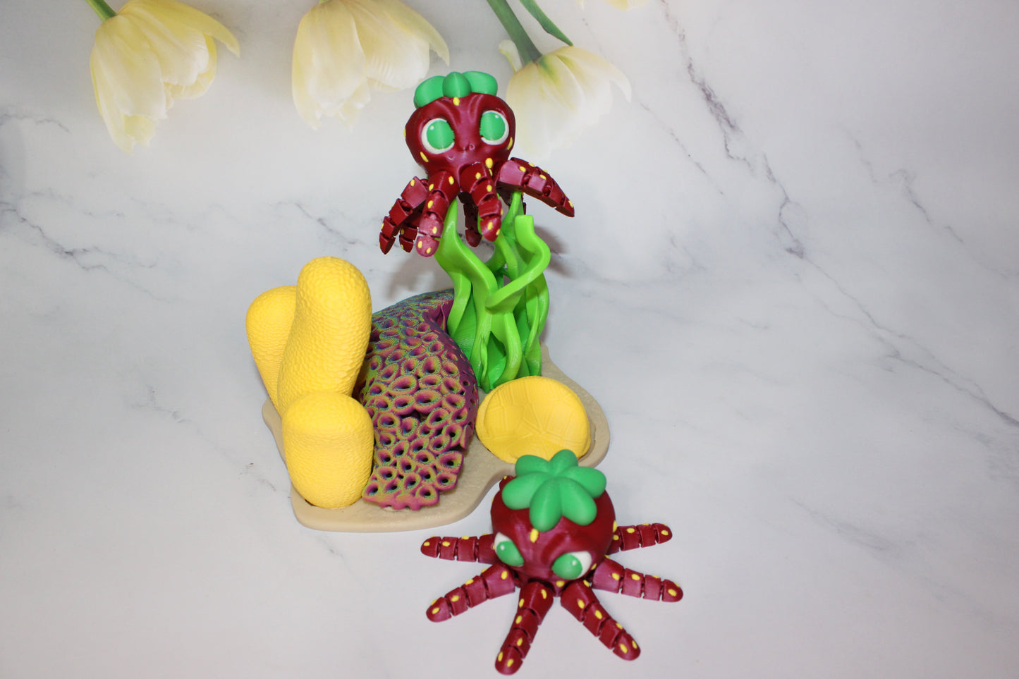 Catopus or Strawberry Octopus with Sea Stand options 3D Printed Articulated Flexi Figurine - Wonderland 3D Printing