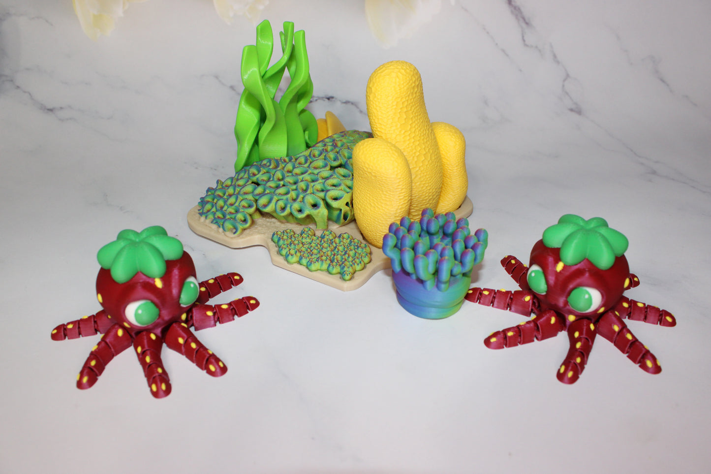 Catopus or Strawberry Octopus with Sea Stand options 3D Printed Articulated Flexi Figurine - Wonderland 3D Printing