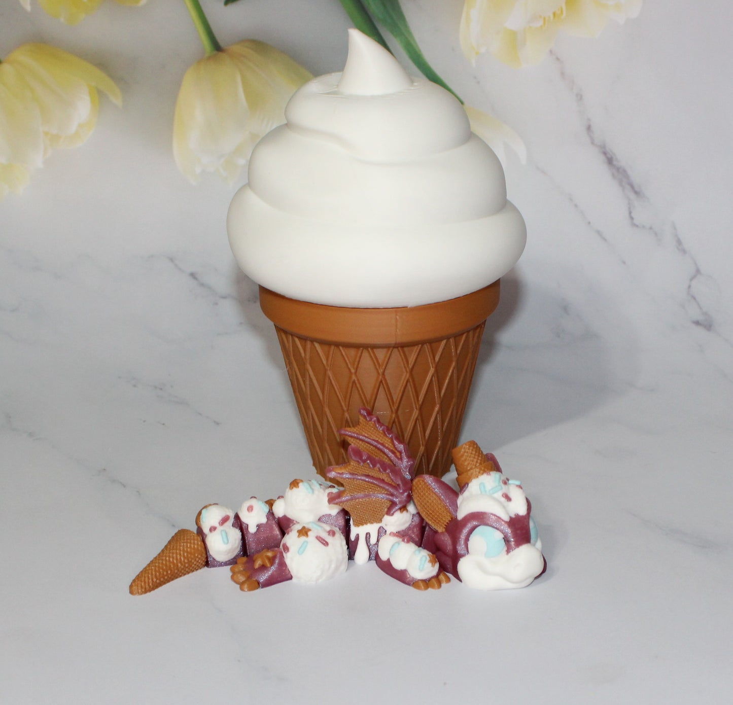 Ice Cream Dragon with Ice Cream Cone options 3D Printed Articulated Figurine - Wonderland 3D Printing