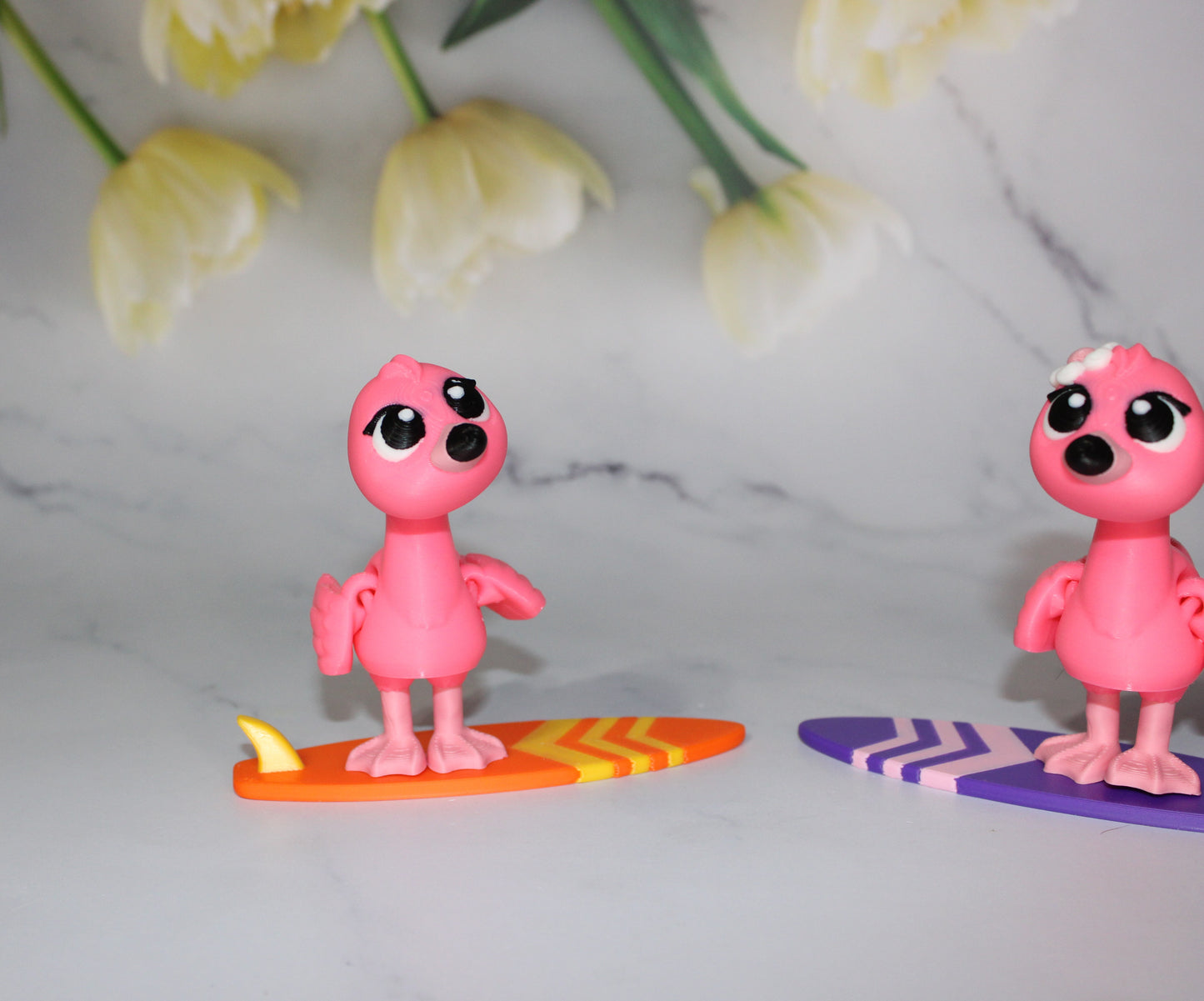 Flamingo and Surfboard with Keychain options 2.5 inches 3D Printed Articulated Flexi Fidget