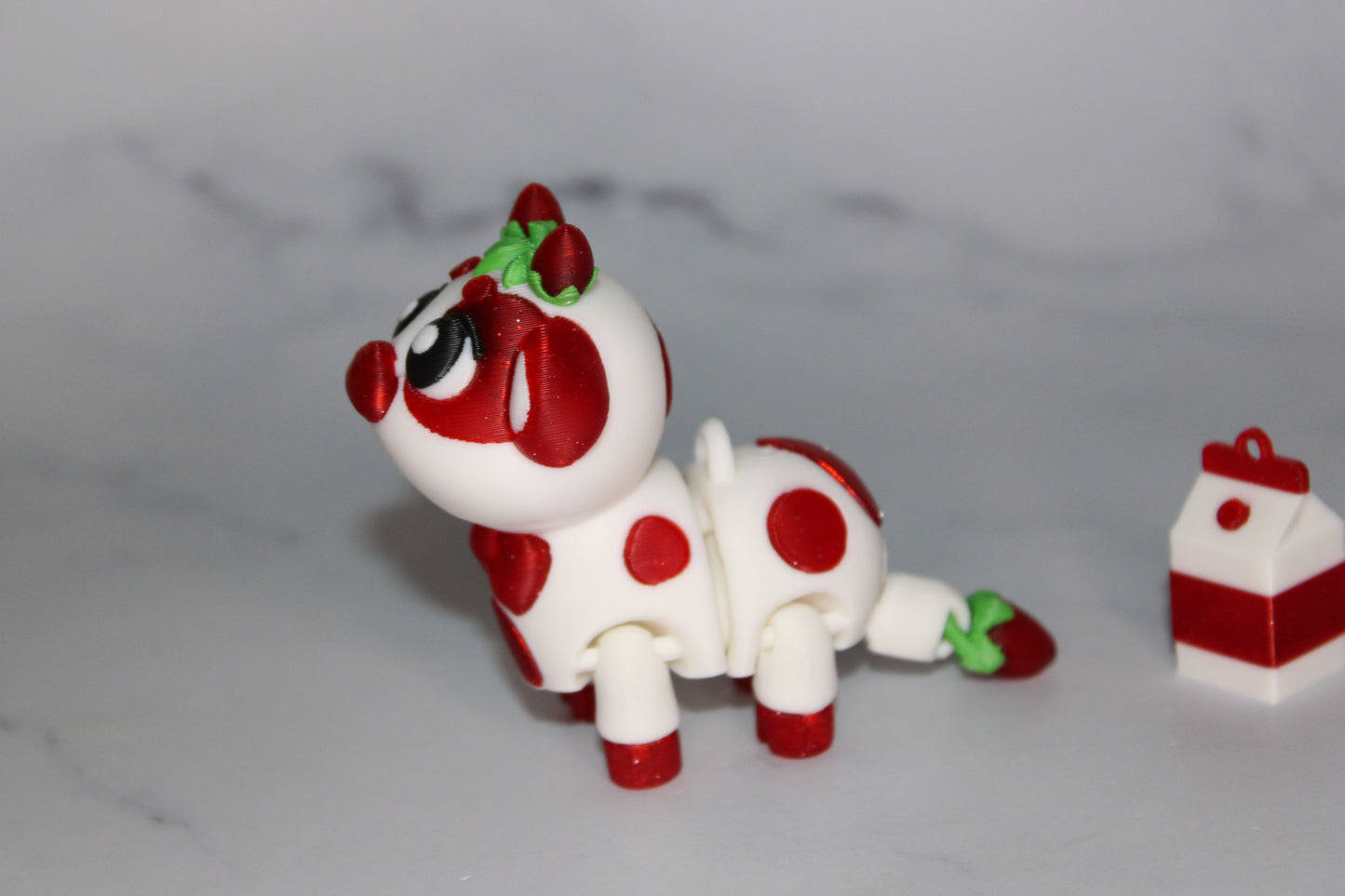 Strawberry Cow with Milk Carton 2 Piece Set-3.5 inches 3D Printed Articulated Flexi Fidget - Wonderland 3D Printing
