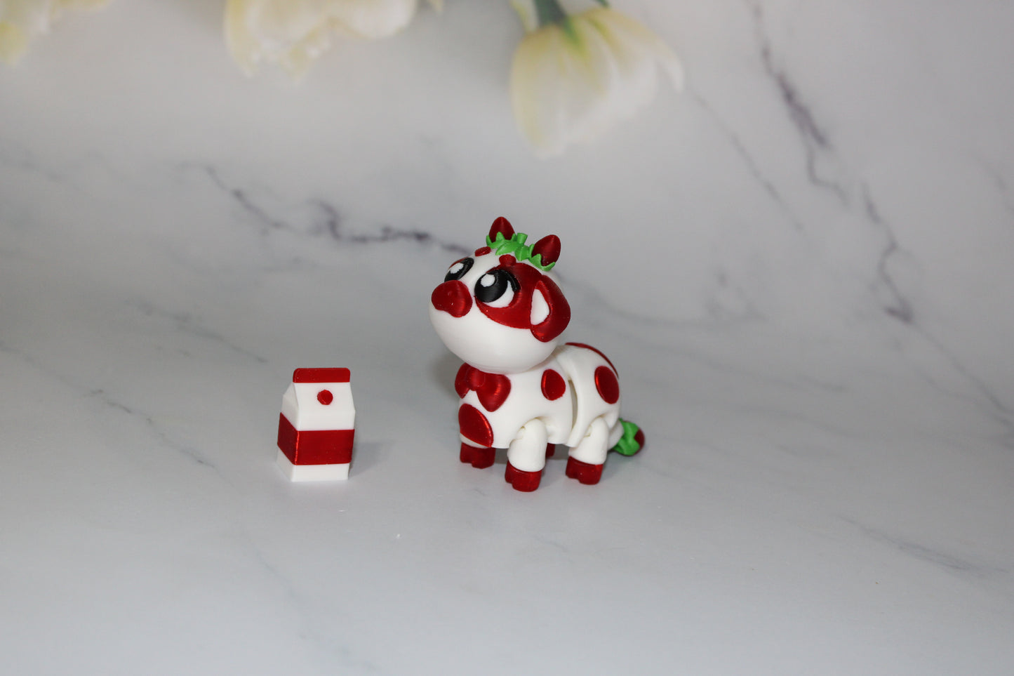 Strawberry Cow with Milk Carton 2 Piece Set-3.5 inches 3D Printed Articulated Flexi Fidget - Wonderland 3D Printing