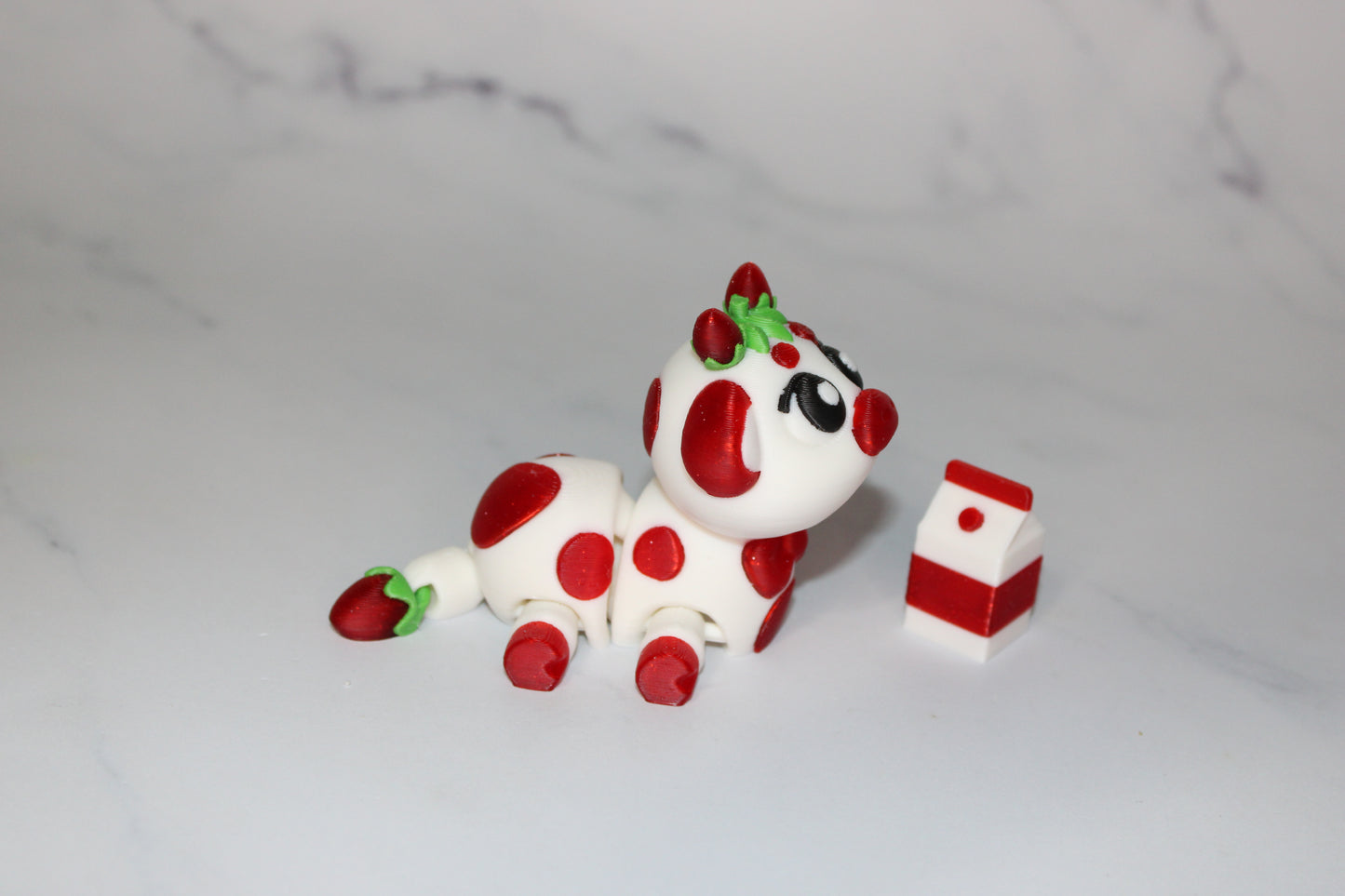 Strawberry Cow with Milk Carton 2 Piece Set-3.5 inches 3D Printed Articulated Flexi Fidget - Wonderland 3D Printing