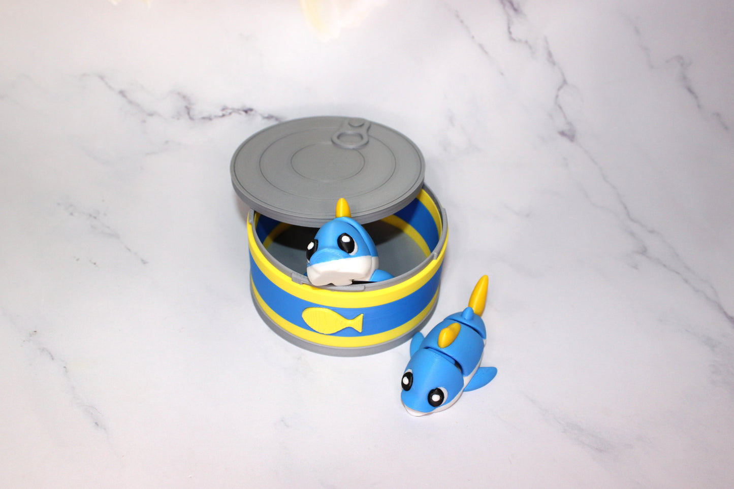 Tuna Fish with Can Container 3 Piece Set 2.5 inches 3D Printed Articulated Flexi Fidget - Wonderland 3D Printing