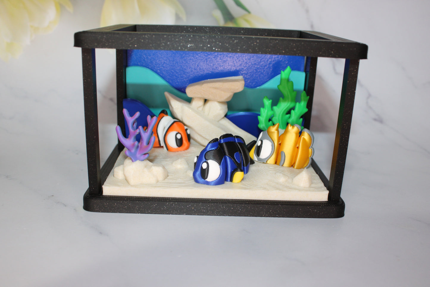 9 Flexi Tropical Fish with Fish Tank -3 Tropical Fish, 1 Octopus, 1 Killer Whale, 2 Seals,1 Lobster and 1 Sea Turtle-3D Printed Flexi Fidget - Wonderland 3D Printing