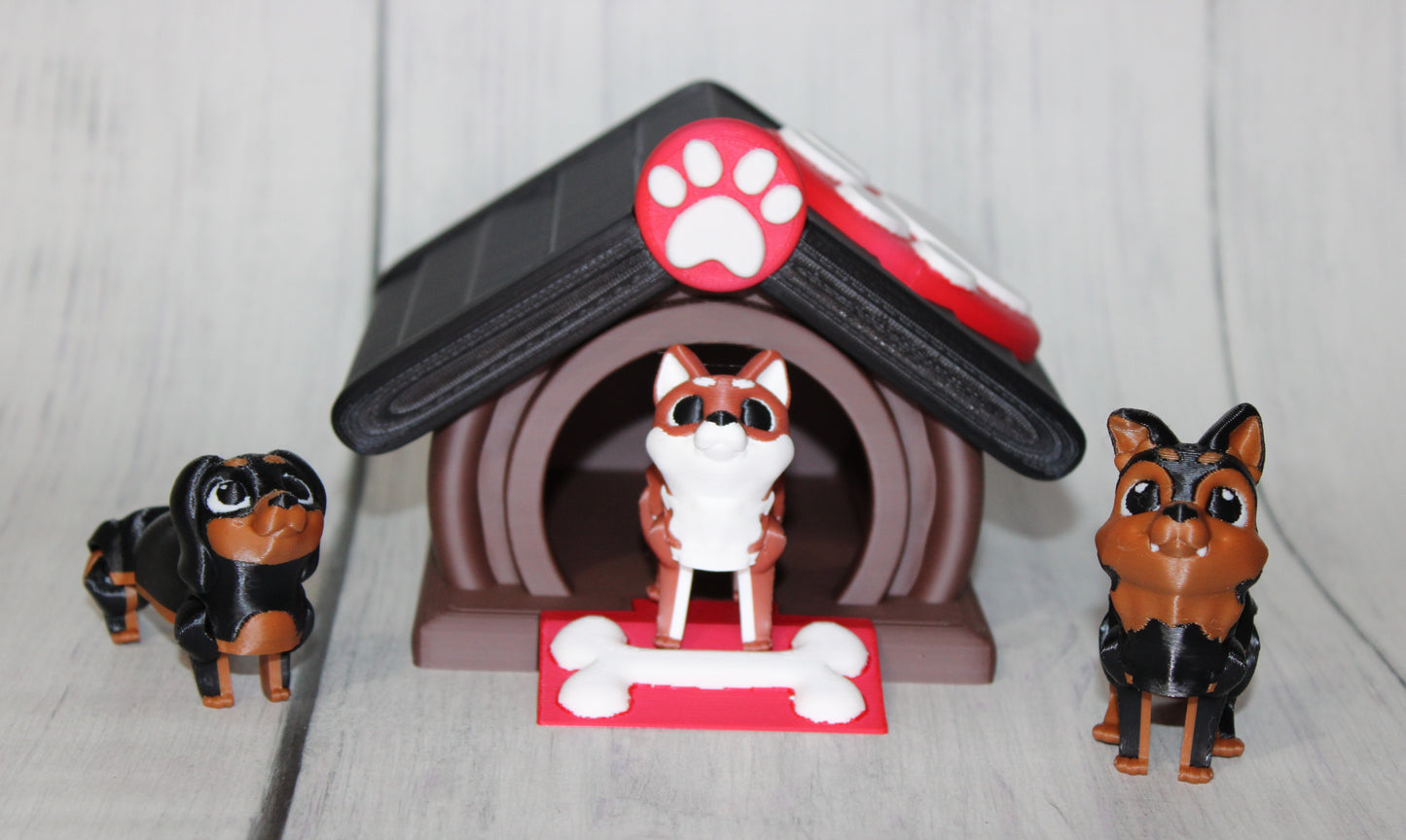Dog House with Dogs, Comes with Dachshund, German Shepard, and Corgi- 3D Printed Articulated Flexi Fidget - Wonderland 3D Printing