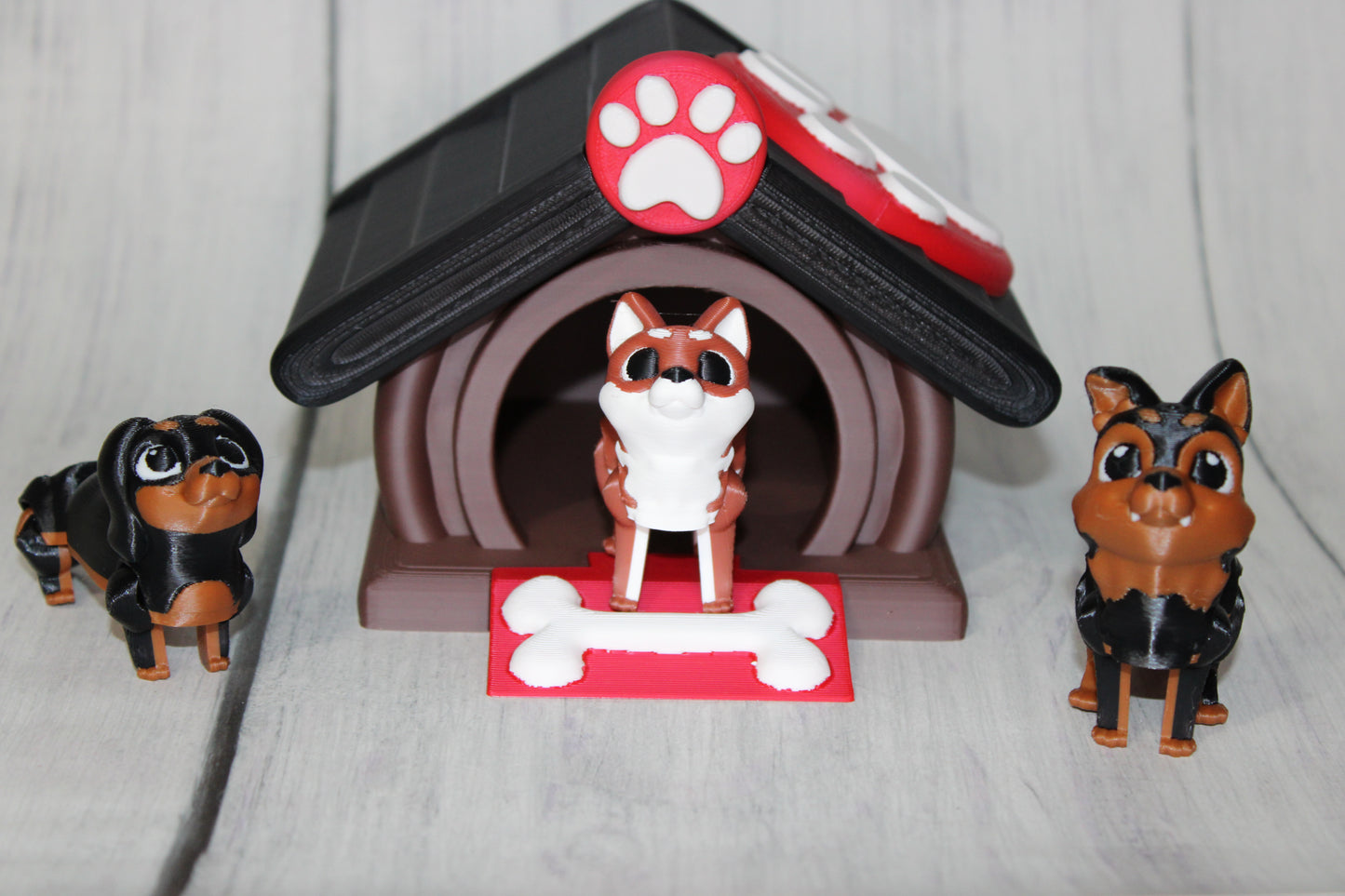 Dog House with Dogs, Comes with Dachshund, German Shepard, and Corgi- 3D Printed Articulated Flexi Fidget - Wonderland 3D Printing