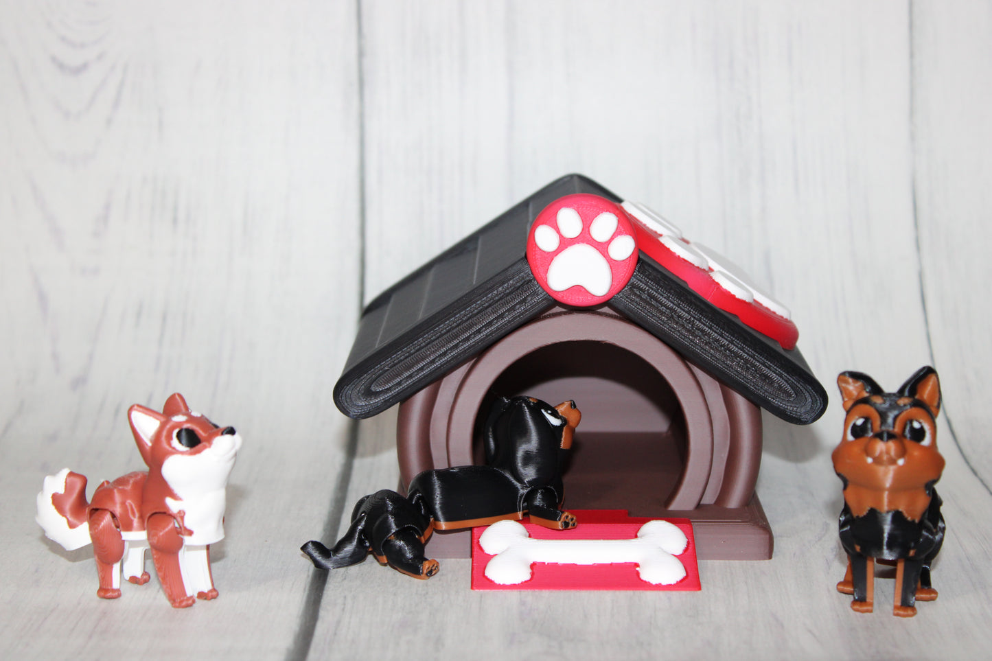 Dog House with Dogs, Comes with Dachshund, German Shepard, and Corgi- 3D Printed Articulated Flexi Fidget - Wonderland 3D Printing