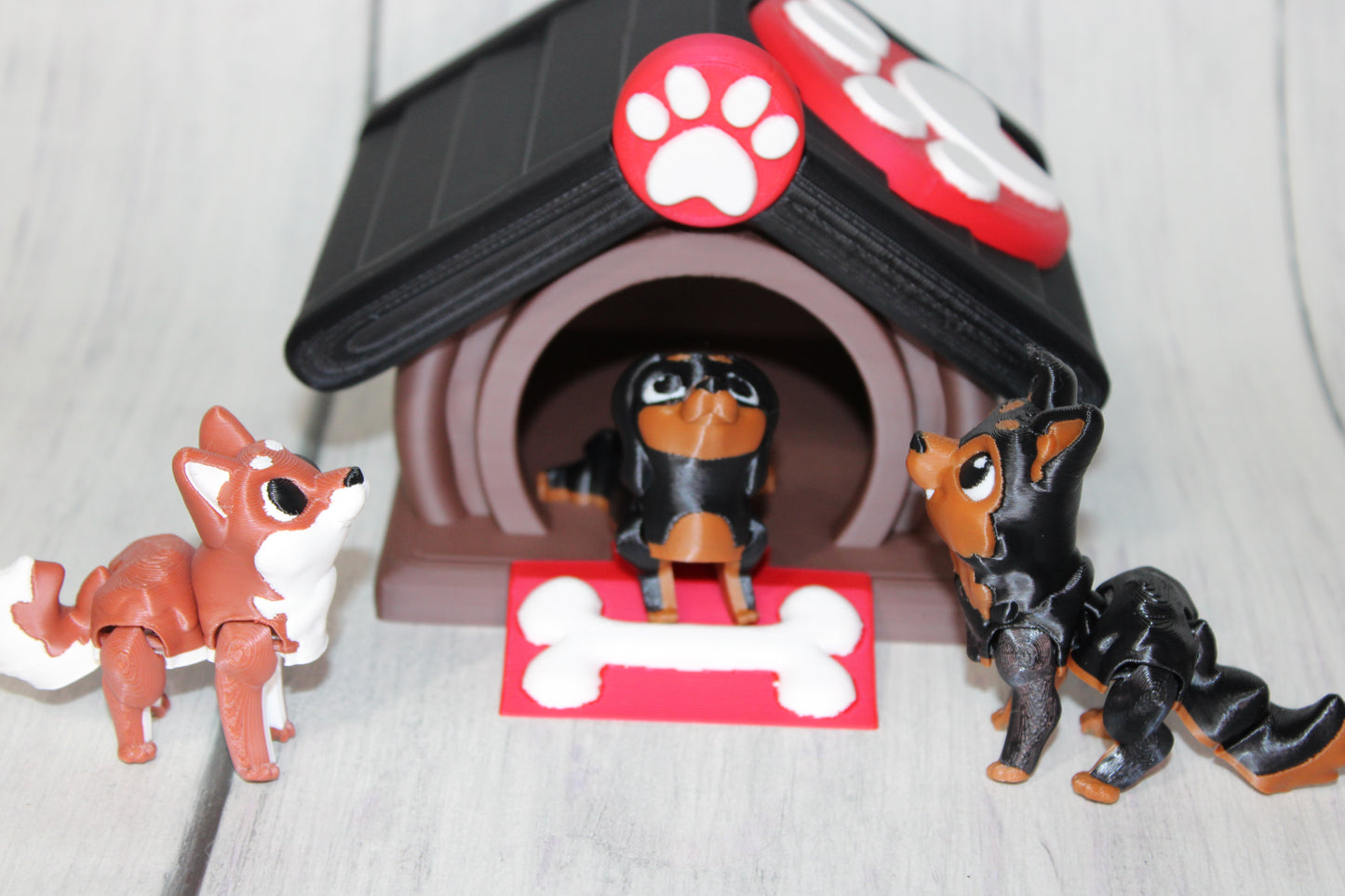 Dog House with Dogs, Comes with Dachshund, German Shepard, and Corgi- 3D Printed Articulated Flexi Fidget - Wonderland 3D Printing