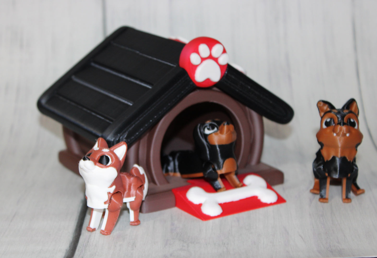 Dog House with Dogs, Comes with Dachshund, German Shepard, and Corgi- 3D Printed Articulated Flexi Fidget - Wonderland 3D Printing