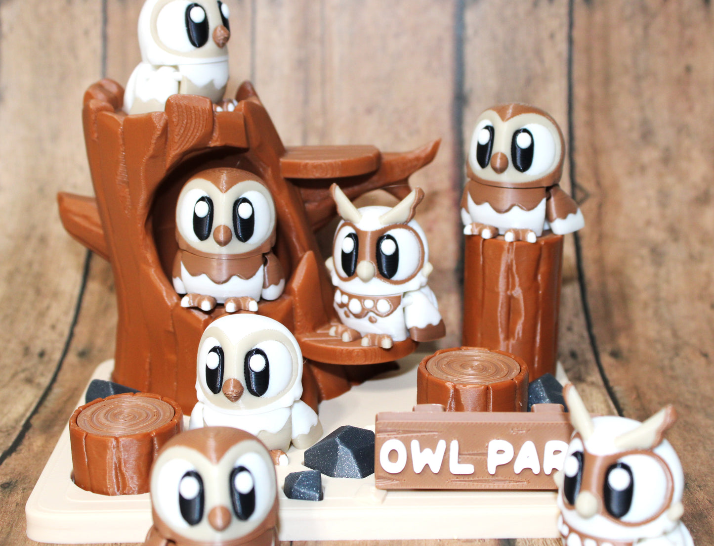 Owl Park Showcase-3D Printed Articulated Flexi Fidget-Includes 7 Owls and the Owl Park - Wonderland 3D Printing
